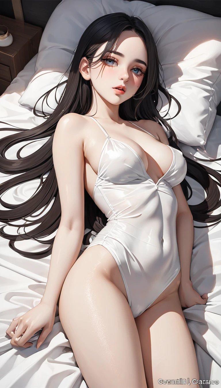 A beautiful woman with a hot figure sat on the bed, snow-white and delicate skin, long black hair, tights, plump