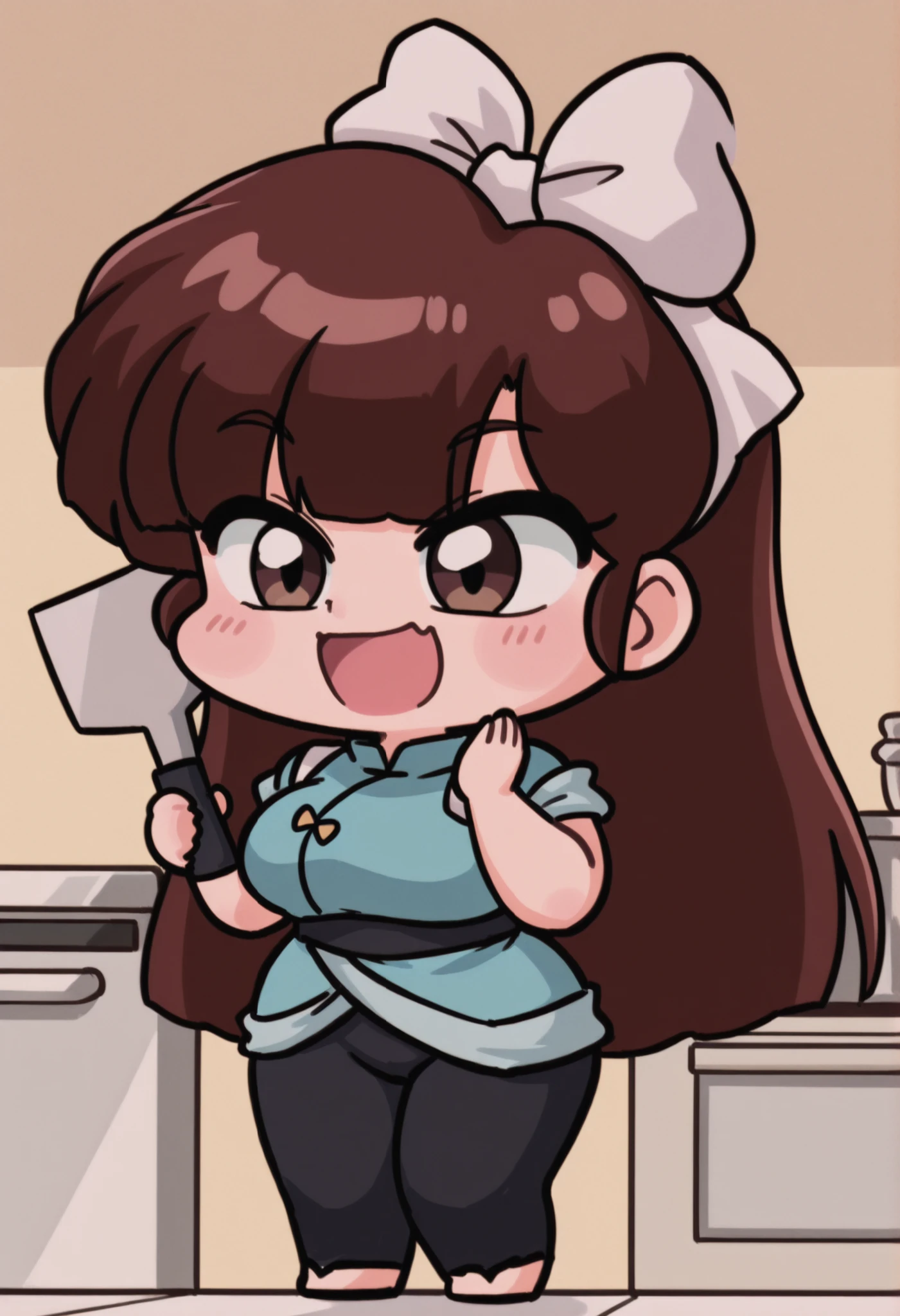 uk (ranma 1/2), dark brown hair, long hair, ojos cafes, Big breasts, NSFW,  sexy hips, sexy waist, blue suit, black pants, kitchen utensils, carrying a giant spatula, Japanese restaurant, by day, alone, without people in the background, pretty woman, Cute anime girl, blushed, standing, pose linda, imagen linda wallpaper, full body, Chibi, standing, cheerful look, Cute laugh , looking at the spectator, open-mouthed, white ribbon on the hair, kitchen iron, cooking, spatula on the iron 