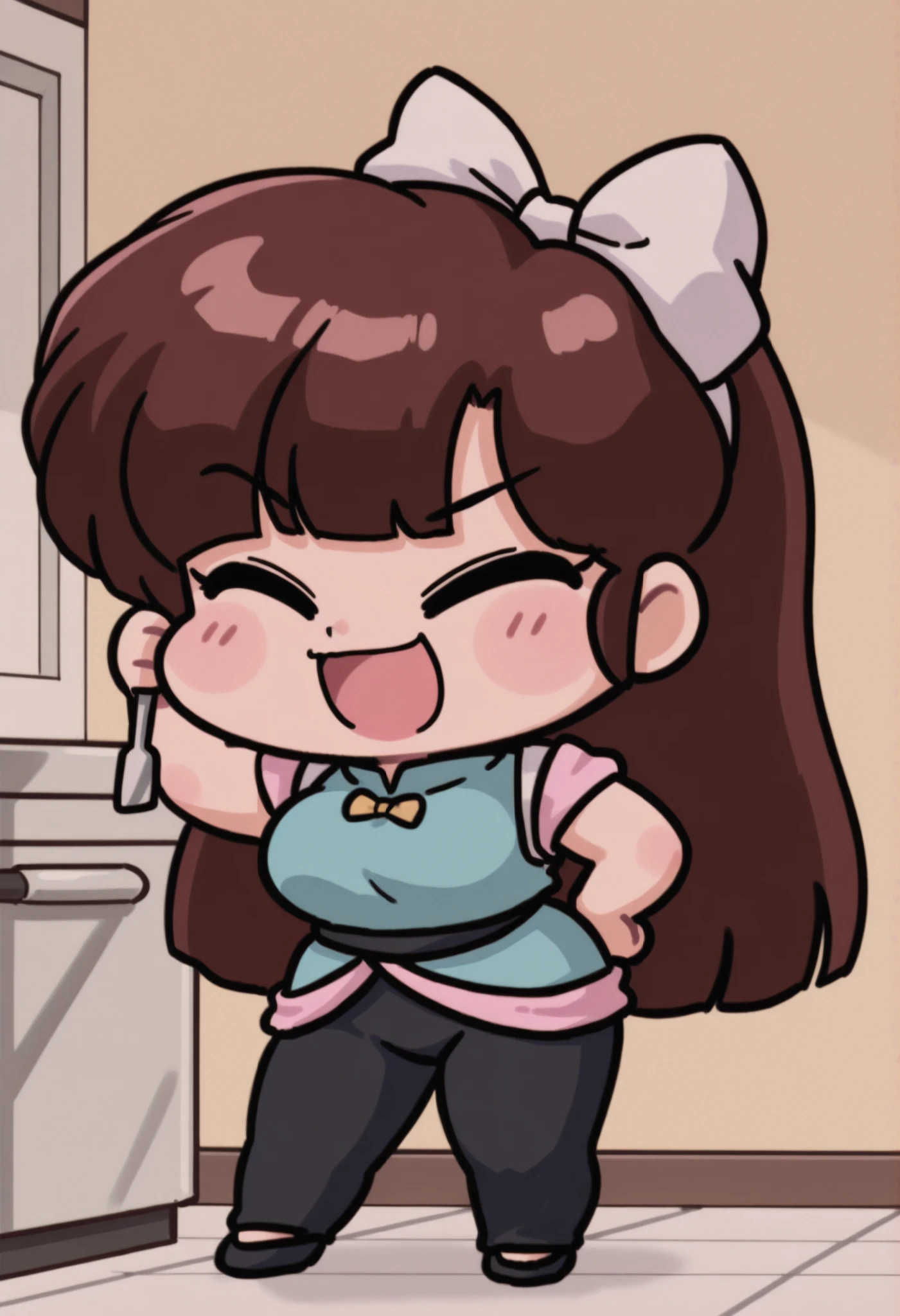 uk (ranma 1/2), dark brown hair, long hair, ojos cafes, Big breasts, NSFW,  sexy hips, sexy waist, blue suit, black pants, kitchen utensils, carrying a giant spatula, Japanese restaurant, by day, alone, without people in the background, pretty woman, Cute anime girl, blushed, standing, pose linda, imagen linda wallpaper, full body, Chibi, standing, cheerful look, Cute laugh , looking at the spectator, open-mouthed, white ribbon on the hair, kitchen iron, cooking