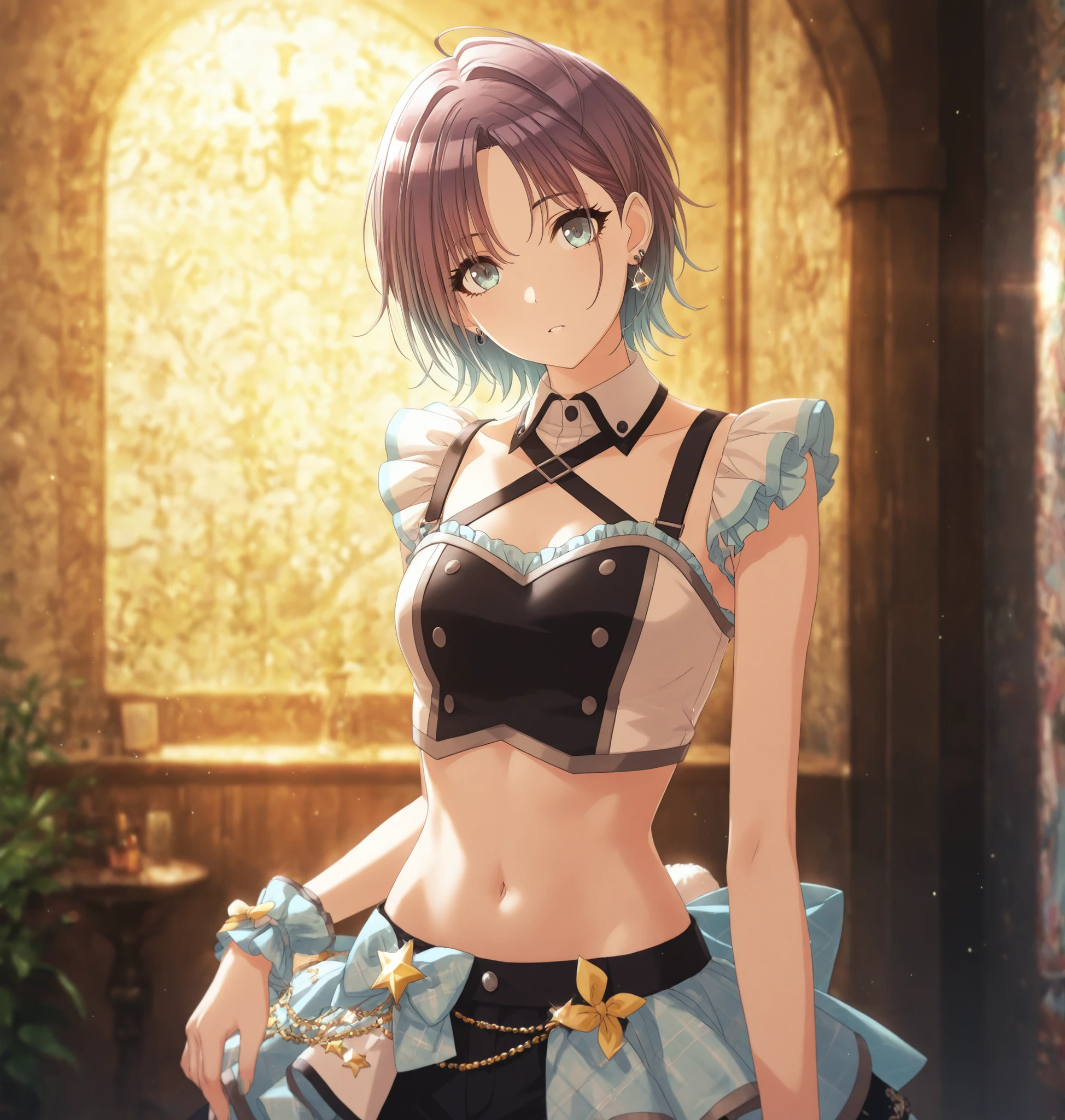                                                                                                                                                                                               masterpiece,best quality, good quality,  ,,indoors,((detailed background)),((cinematic light)) shanimas,  source_anime,asakura toru, short hair, brown hair, blue hair, blue eyes, parted bangs, 1girl, solo, looking at viewer, ahoge, earrings, (idol outfit), , ((aged up:1.2)) , small , (slim arms),  posing, , (), ,head tilt, ,                                                                                                                                                                                                                                            