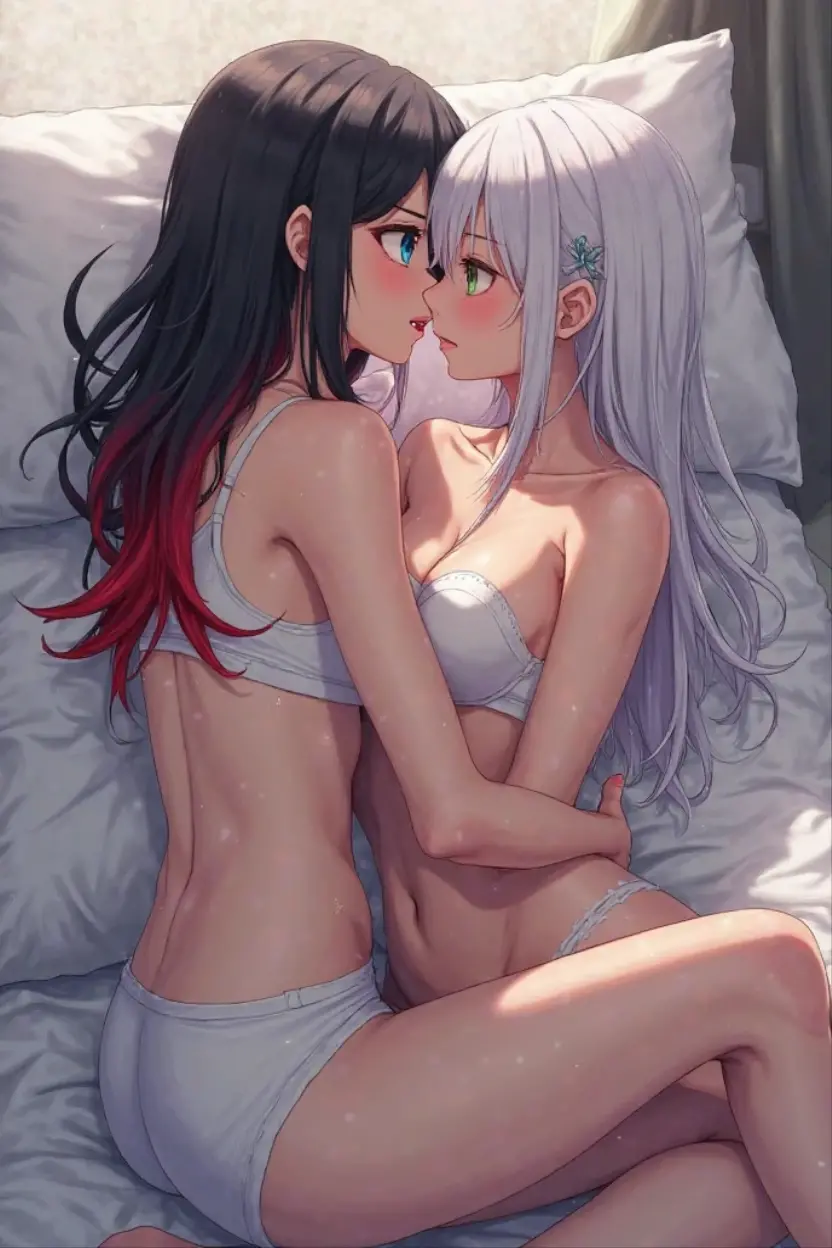 (((2 girls))),nsfw,nude,pussy,ray tracing, (dim light), [realistic] ((detailedbackground(bedroom))),(((silver hair)), (((A long disheveled silver-haired, busty yet slender girls with long hair))) are  in the ominous bedroom, averting their blonde eyes, ((and the girls wear intricate embroidered blackhighs)), as the girls sitting in quite intimate contact each other to show off their delicate svelte figures and lissome curvaceous beauties,correct limbs,