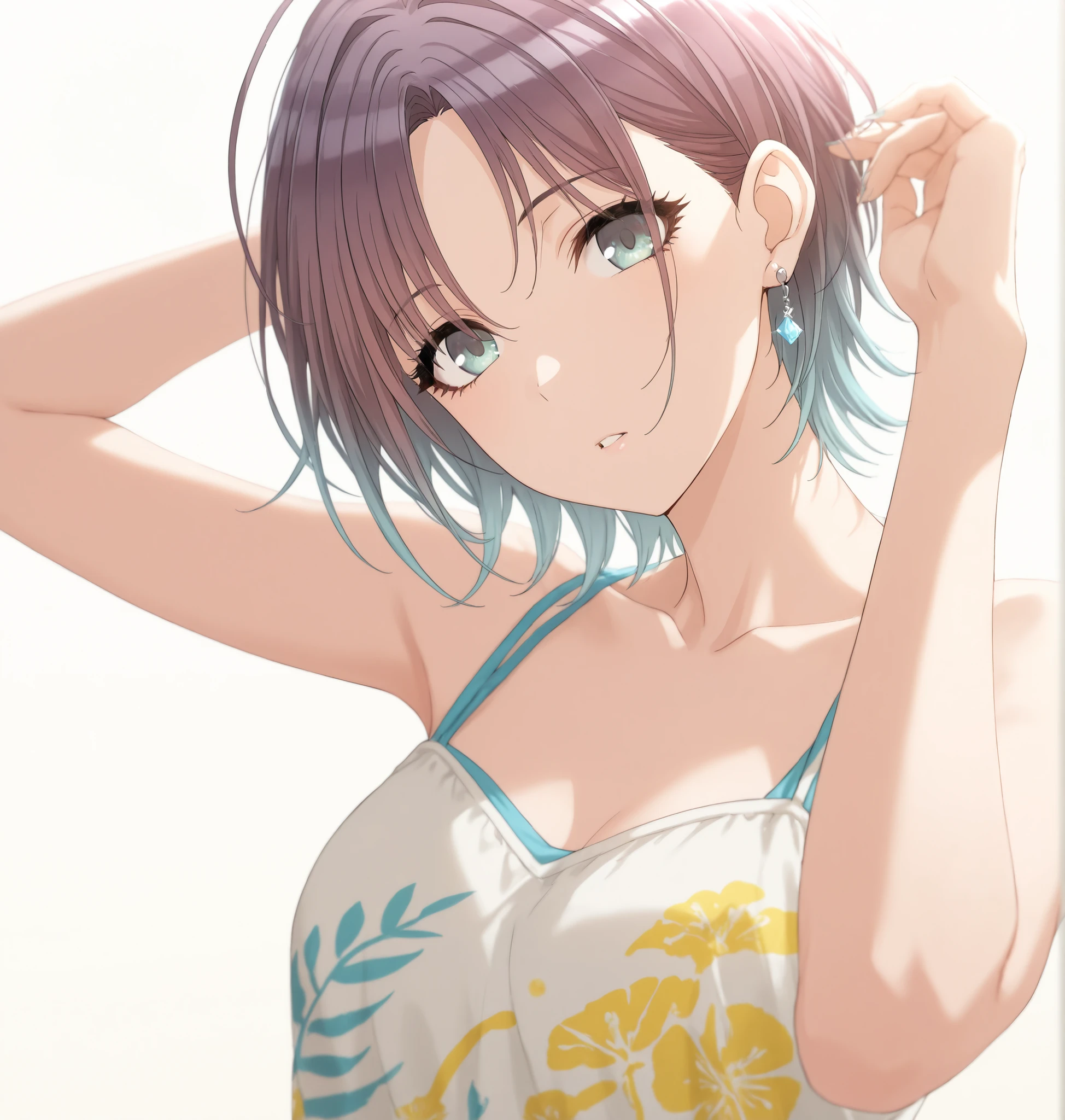 masterpiece,best quality, good quality, ,,indoors,((simple background, white background)),((cinematic light)) shanimas, source_anime,asakura toru, short hair, brown hair, blue hair, blue eyes, parted bangs, 1girl, solo, looking at viewer, ahoge, earrings, (official clothes), , ((aged up:1.2)) , small , (slim arms), posing, , (), ,head tilt, ,