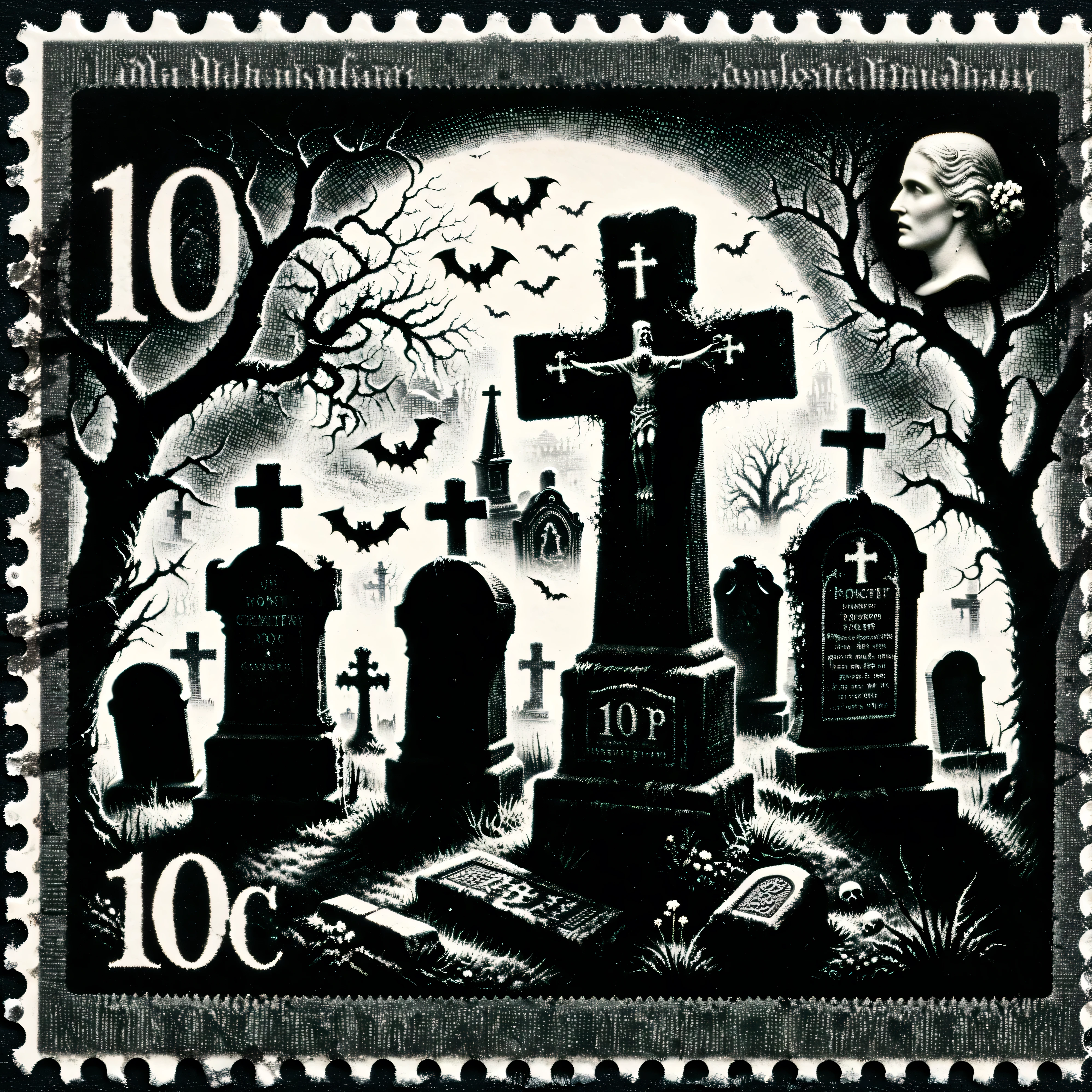 Dark fantasy postage stamp style, Black and white, an old cemetery with large headstones with crosses on top. Spooky cemetery, ultra-realistic, photo-realistic,ultra-detailed, cinematic photography, cinematography, professional, dramatic, dark fantasy, perforated postage stamp, masterpiece 