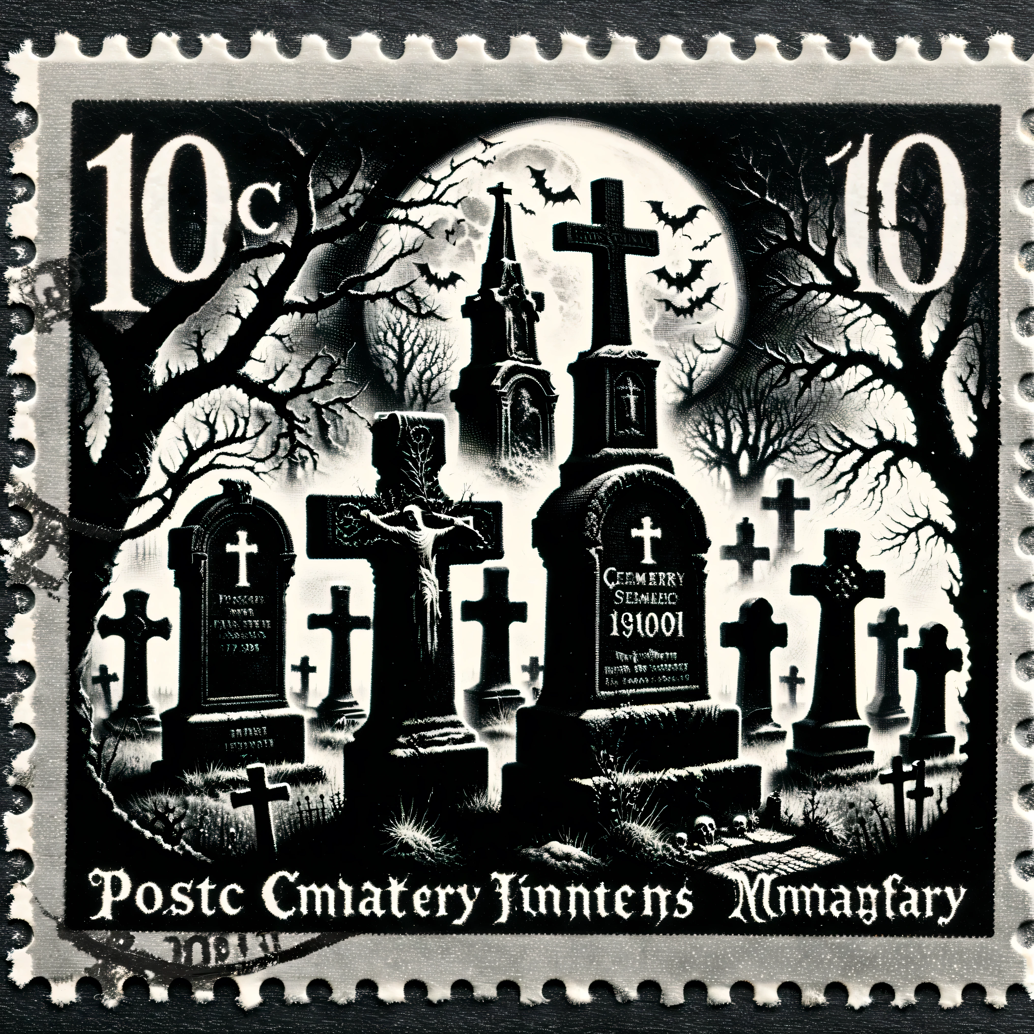 Dark fantasy postage stamp style, Black and white, an old cemetery with large headstones with crosses on top. Spooky cemetery, ultra-realistic, photo-realistic,ultra-detailed, cinematic photography, cinematography, professional, dramatic, dark fantasy, perforated postage stamp, masterpiece