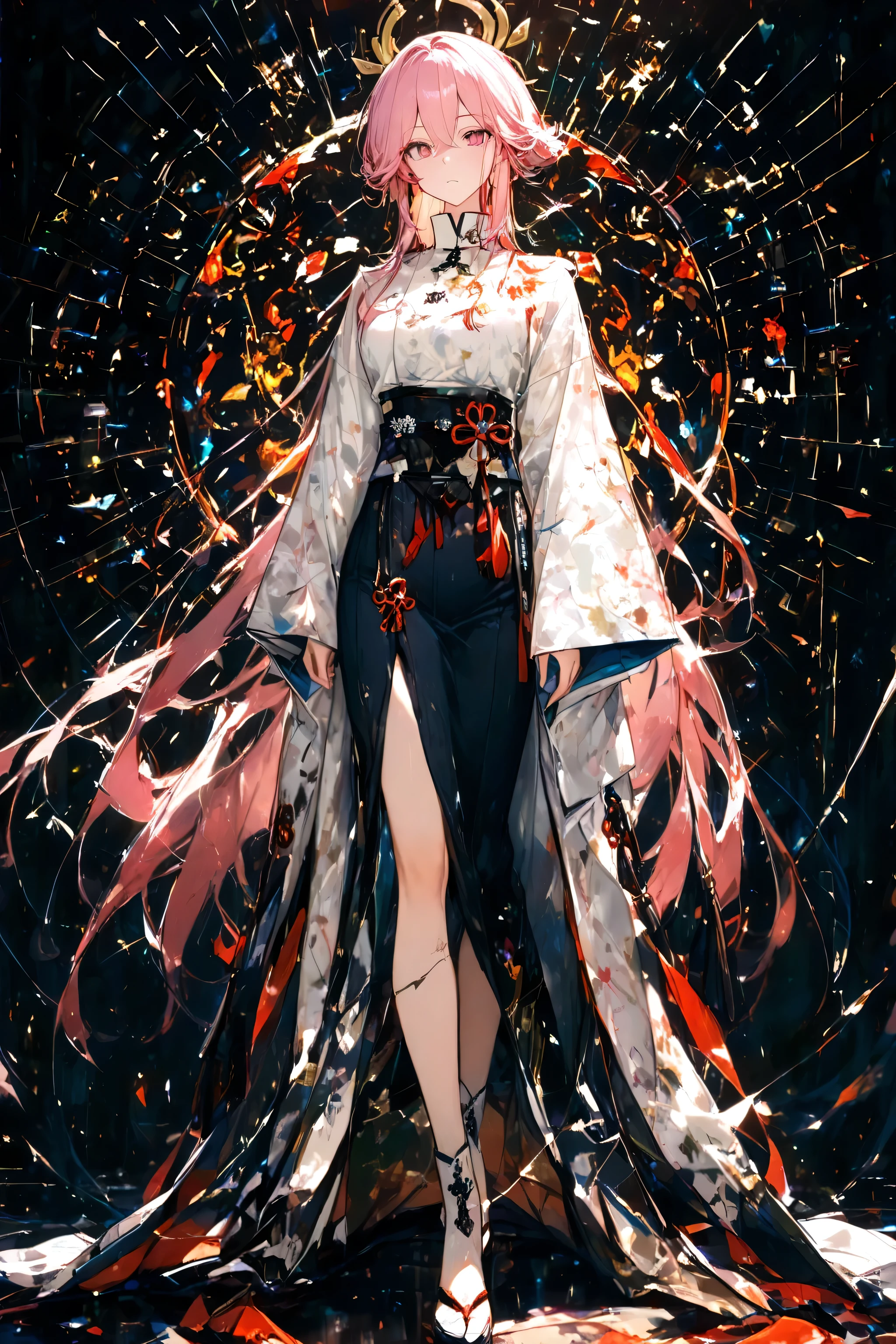 a detailed anime-style character , human, standing, full body, front view ,high quality, detailed eyes, intricate details,soft lighting, sharp focus, semi real,8k, anime character, vibrant colours , delicate features,detailed eyes, contemplative pose, head slightly turned,. The overall design emphasizes sharp angles, a high collar. Perfectly framed , nothing cropped out , fully visible , ( nothing cropped out :1.4)"