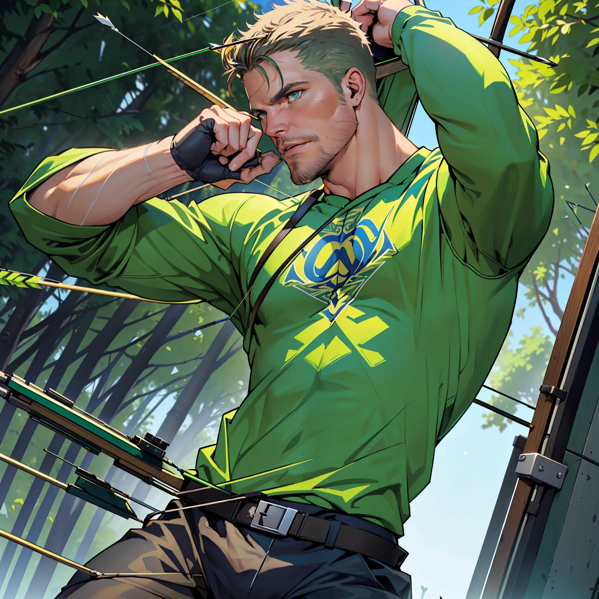 (((1 man in action))),(((lding his crossbow in his left hand ... aiming.... Shooting his arrows..... Running.... ))) , male focus solo,45 yo man,(((Stephen AMELL as green arrow WITH PERFECT ANATOMY))), (((shooting arrows from his CROSSbow, in action ))), (((lean muscle perfect anatomy))), open shirt, pants and brown boots, green finger gloves ,( bulge), full body shot, dark blond short hair, well groomed facial hair , ultra high quality, masterpiece, (((( blue and white and green arabesques lines in the background))))