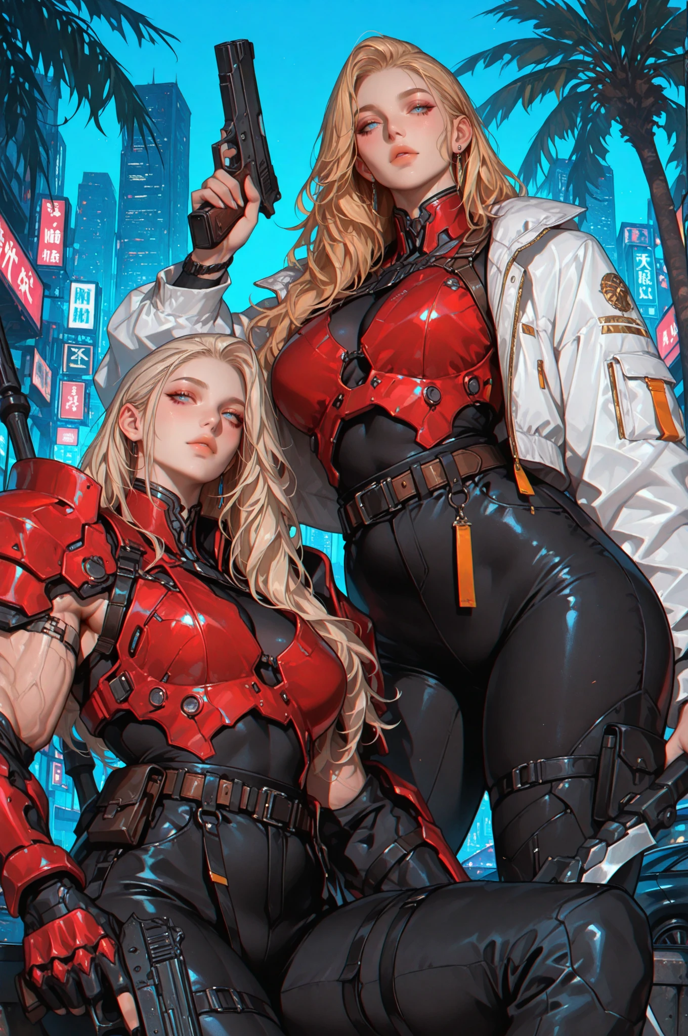 ((best quality)), ((masterpiece)), (detailed), 1girl, 8k_wallpaper, extremely detailed eyes, extremely detailed body, (large masterpiece digital art), ((perfect ??????? ??????????)), (intricate details:1.3 ), (ultra-detailed:1.3), (sharp focus:1.3), (natural lighting:1.05), (best quality:1.4), high quality, expressive eyes, full body, tall girl, detailed face, beautiful face, perfect face, detailed ((blonde hair)), (gold eyes), ({dark skinned female}), ????????????????, thick thighs, strong arm and leg muscles, strong abdominal muscles, Korean women, wearing a modern short black cloth jacket with rolled up sleeves, (wearing heavy gold colored steel cyber armor), a wide red leather belt with blue steel yarn, steel boots, steel thigh guards, a walkie-talkie attached to his belt, a hiking backpack on his back, riding a motorcycle through Seoul at night, cyberpunk,