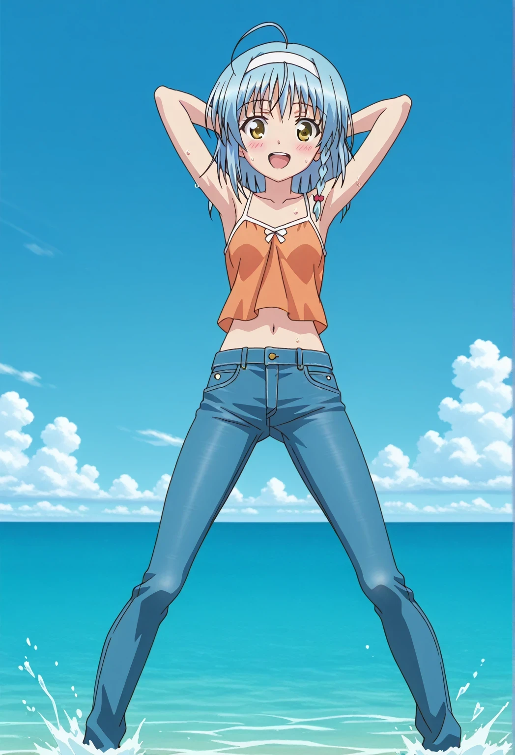 score_9, score_8_up, score_7_up, source_anime, highres, hi res, ((best quality, top quality, perfect quality, Highest Quality, amazing quality)), {{masterpiece}}, {{an extremely delicate and beautiful}}, 2d, intricate details, official style, anime, 8k, anime style, official_anime, official art, digital painting, cell shading, soft shading, high resolution, soothing tones, Subdued Color, Soft cinematic light, adobe lightroom, photolab, HDR, intricately and hyper-detailed, ((high quality animation)), 1 girl, Alone, solo, ((ocean)), tsunami, on the water, day, sunny, outdoors, sky, windy, yuki nonaka, long hair, short hair, blue hair, yellow eyes, braid, ((single ahoge)), hairband, white hairband, ((one side braid)), anime screencap, small breasts, orange camisole top, crop top, orange crop top, best quality, hyper-detailed jeans, ((blue jeans:1.9)), (dark blue jeans:0.6), full medium body, medium shot, Open mouth, smiling, happy face, blush, sweat, standing, ((arms behind head:6.0)), bowlegged, sliding pose, action, looking at viewer, spread legs, Bend knees slightly, straight-on front view