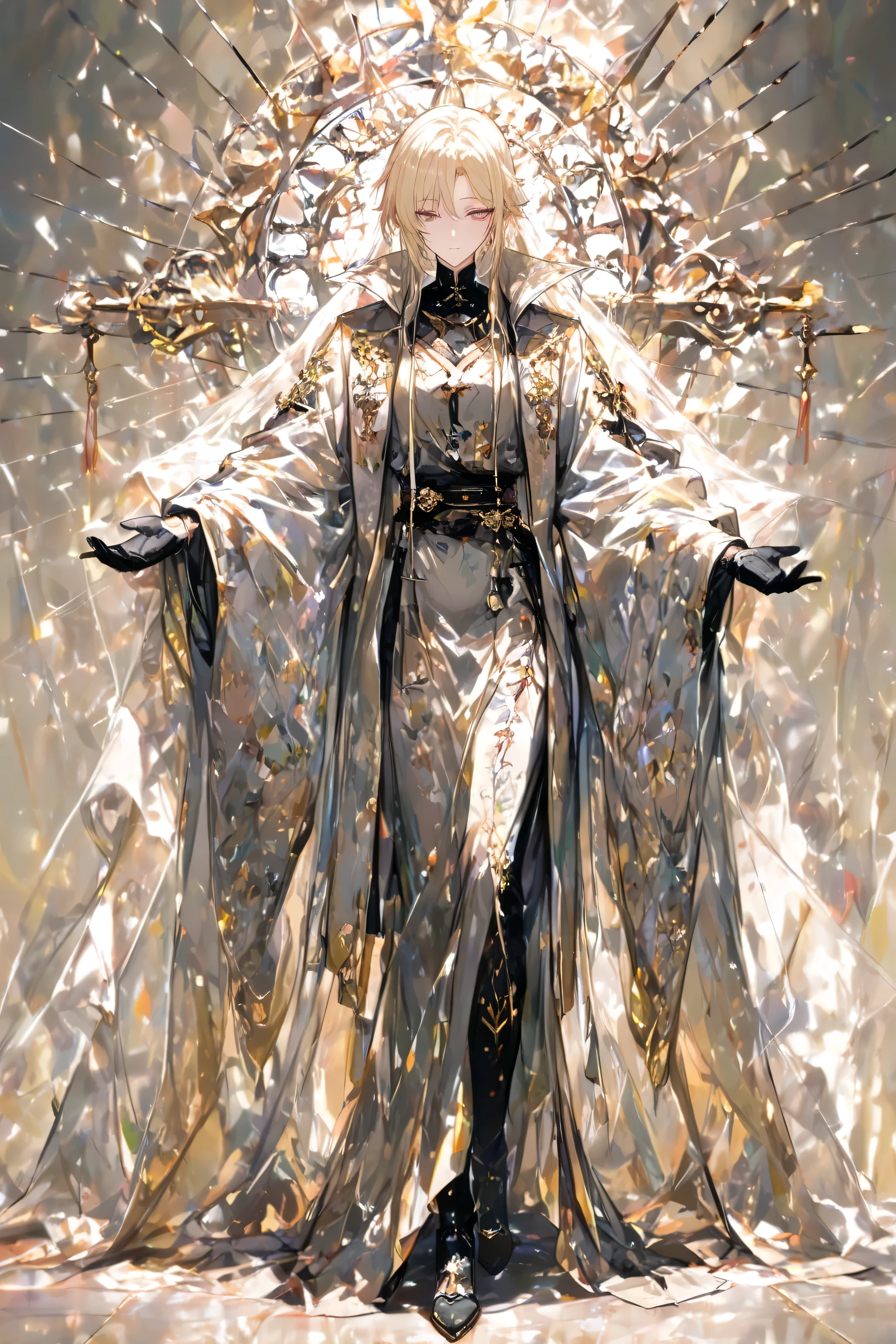 a detailed anime-style character , human, standing, full body, front view ,high quality, detailed eyes, intricate details,soft lighting, sharp focus, semi real,8k, anime character, vibrant colours , delicate features,detailed eyes, contemplative pose, head slightly turned,. The overall design emphasizes sharp angles, a high collar. Perfectly framed , nothing cropped out , fully visible , ( nothing cropped out :1.4)"