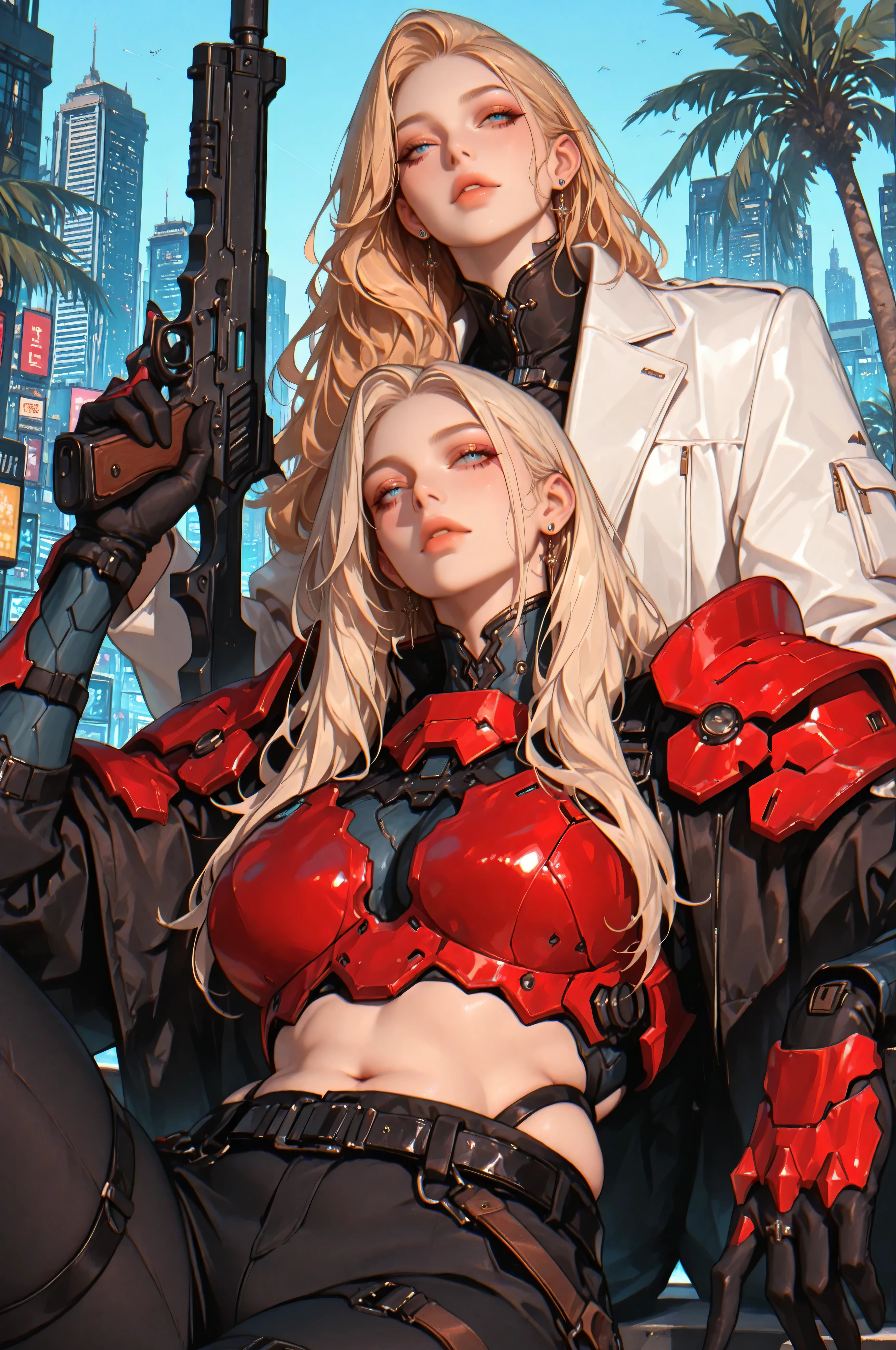 ((masterpiece, best quality, самое high definition, high definition, highly detailed CG integrated 8K wallpapers)),
the highest quality, ultra detailed image, 8 thousand., 2 girls, model, warrior, blonde, blue eyes, long hair, with a long scythe, red armor , Cyberpunk style, city, palm trees, muscles, plump lips, A bright white jacket, , black pants, belts, gatekeeper, Holds a gun in hand,