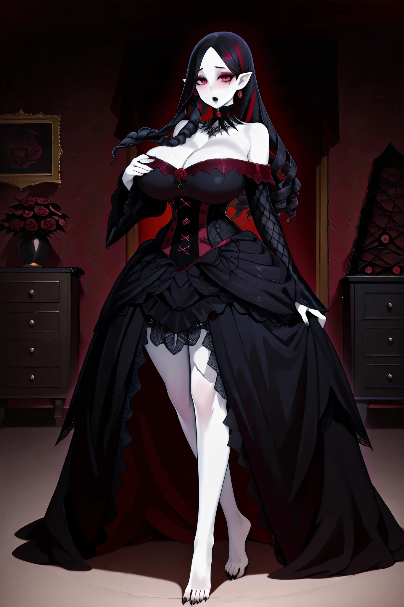 Mature gothic vampire woman with big breast. She has white skin and pointed ears. she has glowing in the dark crimson red eyes. She has elegant plump black lips and pearly vampire fangs. She has dark Gothic makeup with burgundy eyeshadow. She has black-purple complicated fontage hairstyle in the French style of the 16th century. She has many jet-black ringlets. She is wearing a scarlet red off-the-shoulder longest ball gown of queen, with long ballon vintage sleeves. She has long black claws on her darkened hands and bare feet. (On the background: a Gothic Baroque garden where black and red roses are blooming, and black crows are circling in the night sky.)