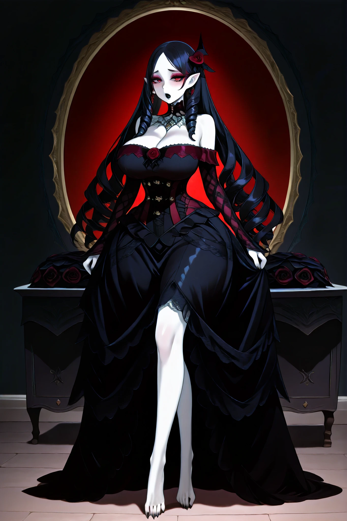 Mature gothic vampire woman with big breast. She has white skin and pointed ears. she has glowing in the dark crimson red eyes. She has elegant plump black lips and pearly vampire fangs. She has dark Gothic makeup with burgundy eyeshadow. She has black-purple complicated fontage hairstyle in the French style of the 16th century. She has many jet-black ringlets. She is wearing a scarlet red off-the-shoulder longest ball gown of queen, with long ballon vintage sleeves. She has long black claws on her darkened hands and bare feet. (On the background: a Gothic Baroque garden where black and red roses are blooming, and black crows are circling in the night sky.)