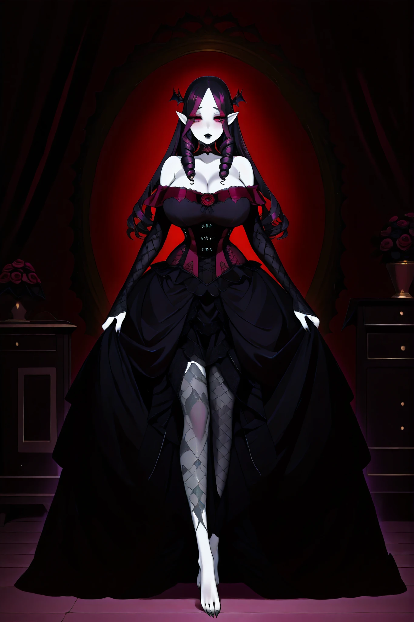 Mature gothic vampire woman with big breast. She has white skin and pointed ears. she has glowing in the dark crimson red eyes. She has elegant plump black lips and pearly vampire fangs. She has dark Gothic makeup with burgundy eyeshadow. She has black-purple complicated fontage hairstyle in the French style of the 16th century. She has many jet-black ringlets. She is wearing a scarlet red off-the-shoulder longest ball gown of queen, with long ballon vintage sleeves. She has long black claws on her darkened hands and bare feet. (On the background: a Gothic Baroque garden where black and red roses are blooming, and black crows are circling in the night sky.)