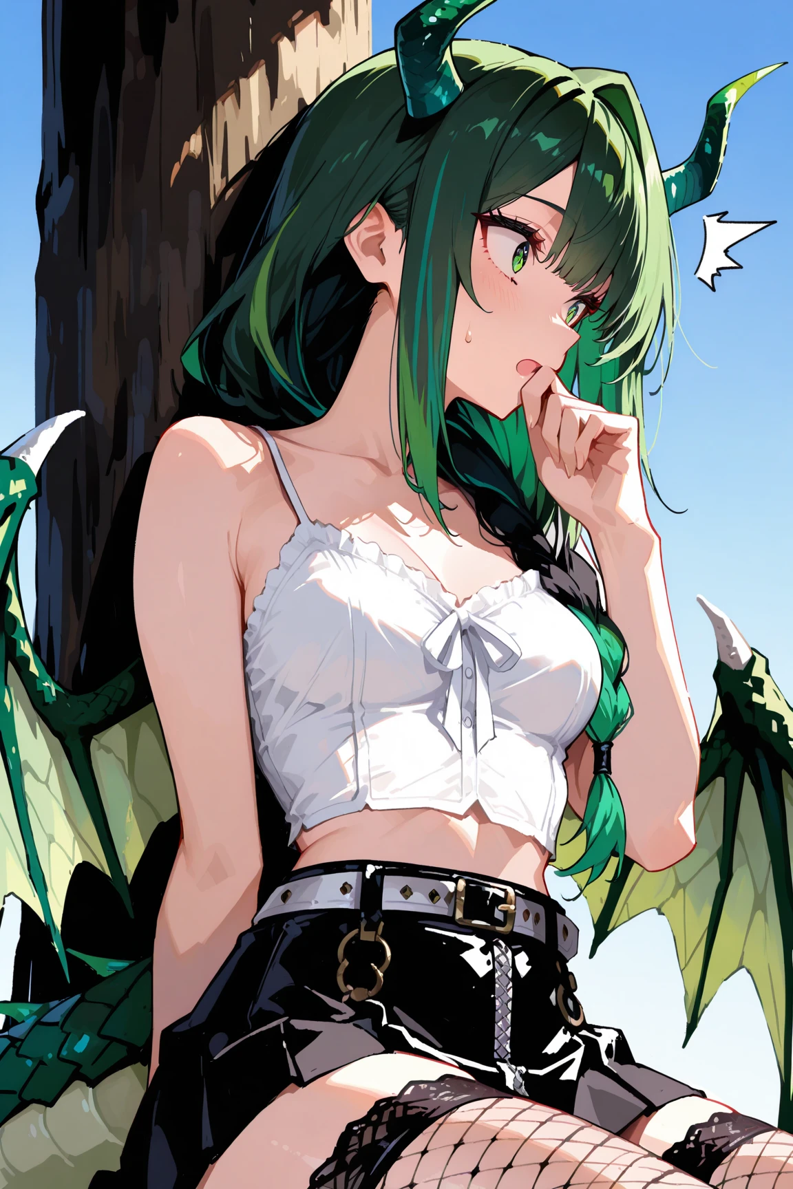 score_9, score_8_up, score_7_up, source_anime, <lora:wrenchDarkstalkersMorriganAensland:1>, dsmorae, long hair, green hair, blunt bangs, green eyes, large breasts, 
head wings, bat wings, low wings, purple wings, 
white shorts, short_shorts, white tank top, parted lips, high ponytail, hand on thighs, midriff, thighs, white background, green lipstick, green eyeliner, loose shirt, crop top overhang, sleeveless,