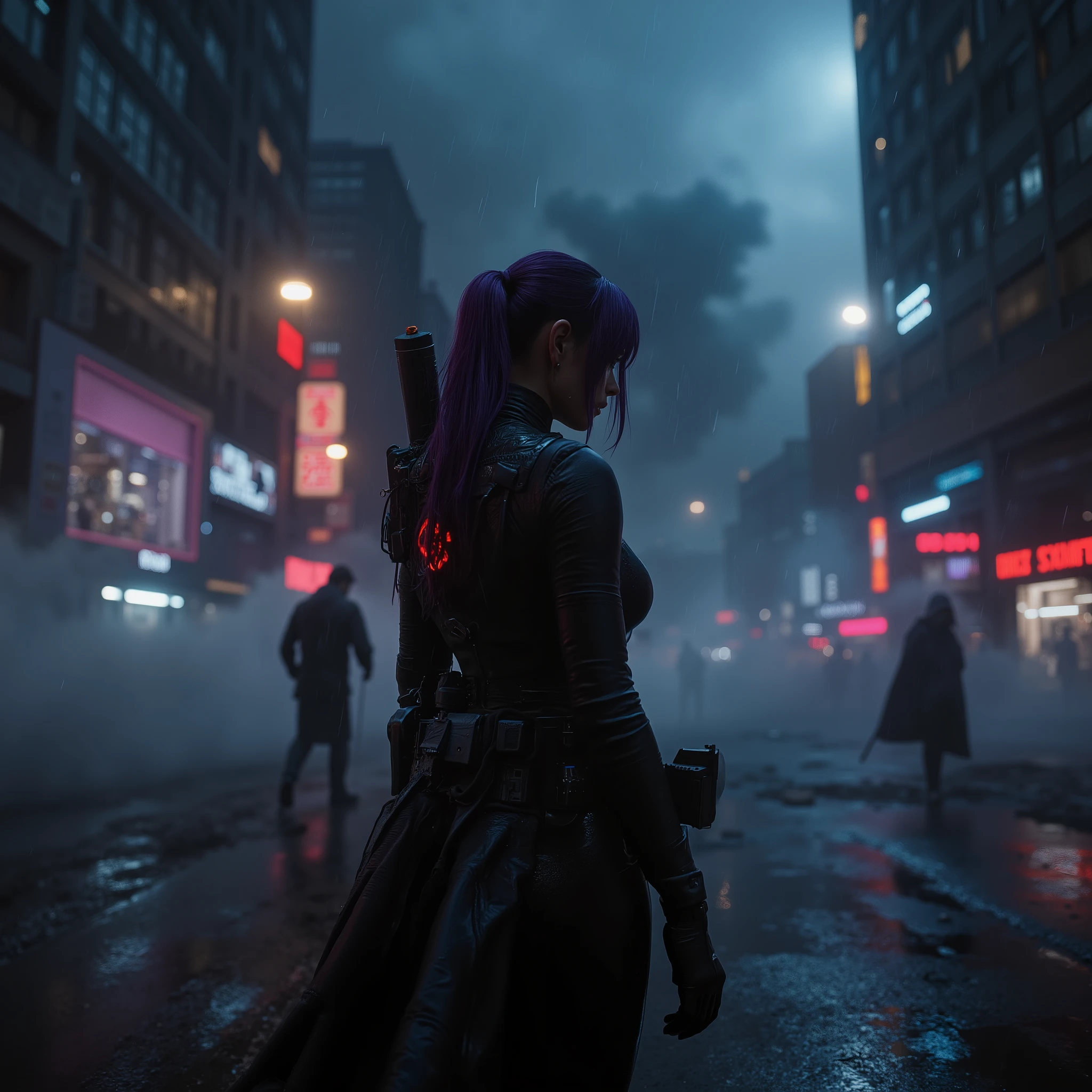 female android assassin,  Midnight ,Cyberpunk City with Violent Explosions and White Smoke,Ready to fight、slowly heading towards a building with terrorists, (Highest Quality,4K,8k,high resolution,masterpiece:1.2),super detailed,(Realistic,photoRealistic,photo-Realistic:1.37),dramatic lighting, gloomy atmosphere, Dramatic Poses, machine gun in both hands、He has an assault rifle on his back, extremely tight matte black cyberpunk suit, Equipment on the waist belt,Gloved hands, Dark City, Cyberpunk Cityscapes, Moonlit Sky, rain, Dramatic Shadow,beautiful style,Thin Waist,dark purple long hair,special mission specialist,sense of urgency,Beautiful red glowing eyes,Professional,Motoko Kusanagi,