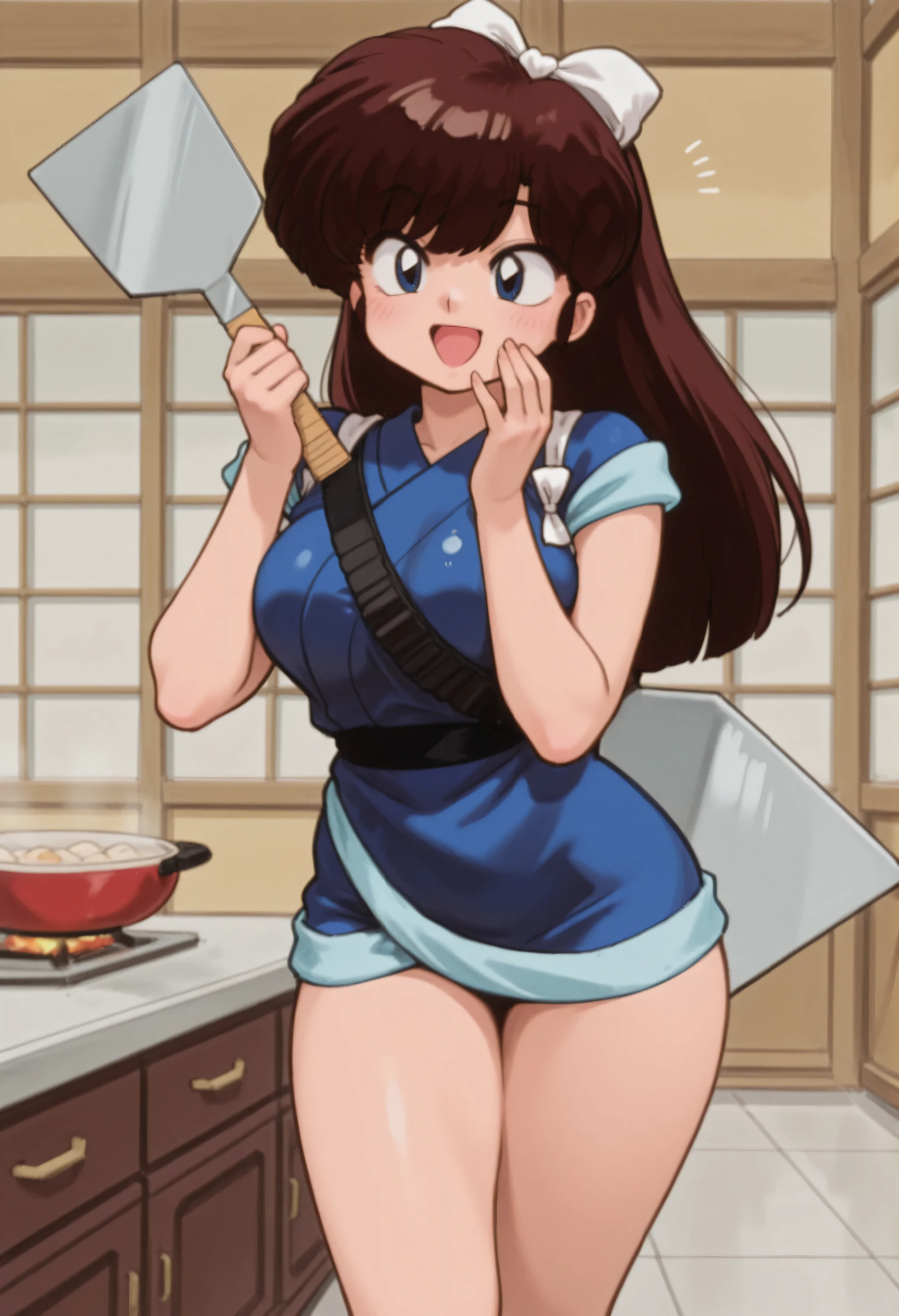 uk (ranma 1/2), dark brown hair, long hair, ojos cafes, Big breasts, NSFW,  sexy hips, sexy waist, kitchen utensils, carrying a giant spatula, Japanese restaurant, by day, alone, without people in the background, pretty woman, Cute anime girl, blushed, de at, pose linda, at, cheerful look, Cute laugh , looking at the spectator, open-mouthed, white ribbon on the hair, kitchen iron, cooking