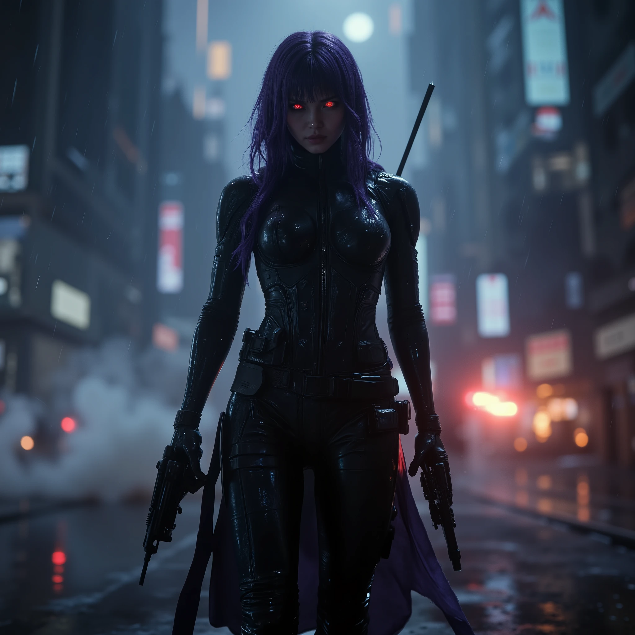 female android assassin,  Midnight ,Cyberpunk City with Violent Explosions and White Smoke,Ready to fight、Coming slowly over here, (Highest Quality,4K,8k,high resolution,masterpiece:1.2),super detailed,(Realistic,photoRealistic,photo-Realistic:1.37),dramatic lighting, gloomy atmosphere, Dramatic Poses, machine gun in both hands、He has an assault rifle on his back, extremely tight matte black cyberpunk suit, grenade and radio equipment on the waist belt,Gloved hands, Dark City, Cyberpunk Cityscapes, Moonlit Sky, rain, Dramatic Shadow,beautiful style,Thin Waist,dark purple long hair,special mission specialist,sense of urgency,Beautiful red glowing eyes,Professional,Motoko Kusanagi,