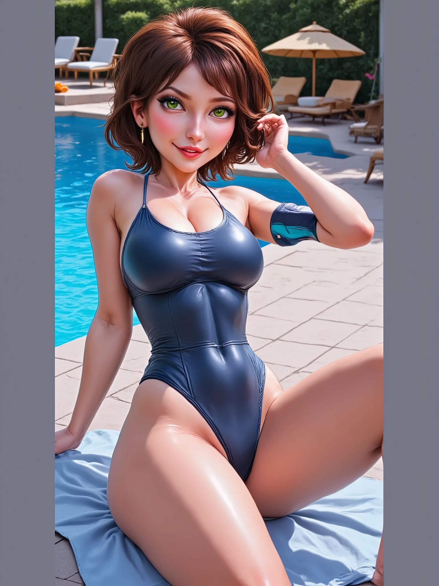 Beautiful brown-haired woman with blue eyes . 27 years old . bob hairstyle . breast size 3 . she smiles . she is completely naked {slonvllnccft, }{1girl, }{realistic, }{navel, }{solo, }{looking at viewer, ||}{Vixen, |||}{Blacked, |||}{Tushy, |||}