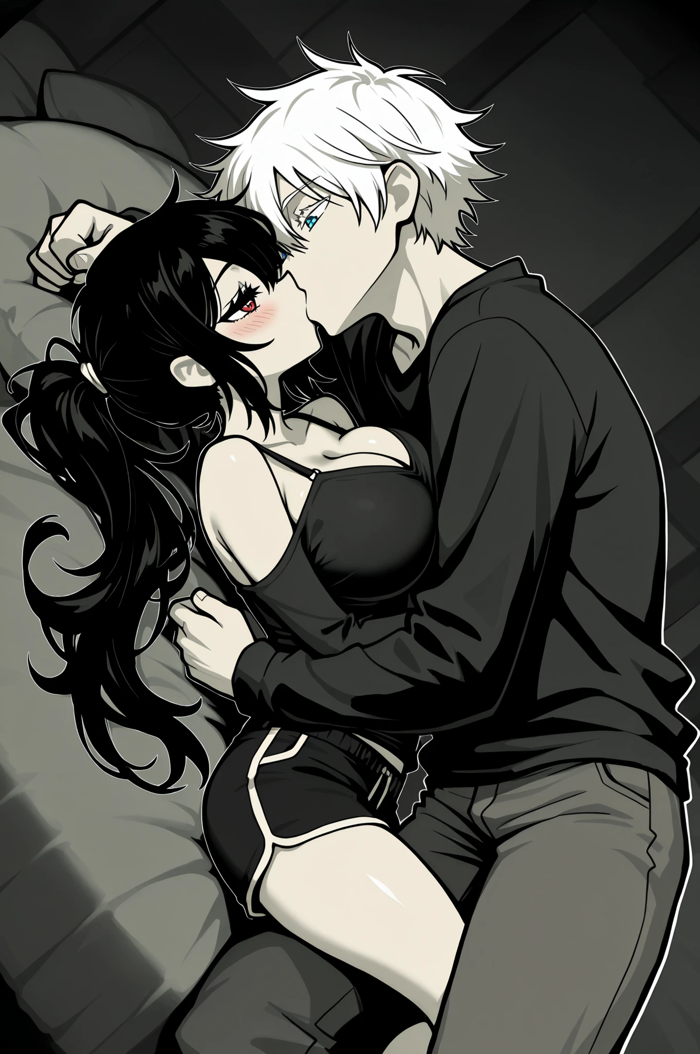 masterpiece, best quality, very aesthetic, absurdres, (flat colors, simple shading, by nemlei, the coffin of andy and leyley, high contrast, white outline, outline, (limited palette), black theme) BREAK 1boy, male focus, gojou satoru \(jujutsu kaisen\), white hair, short hair, hair between eyes, blue eyes, colored eyelashes, white eyelashes, man, handsome, pants, BREAK 1girl, Kuroki Monika, black hair, very long hair, hair over right eye, black eyelashes, red eyes, (), petite, curvy, very cute, ponytail, shoulders, bra strap, cleavage, shorts, BREAK couple, hetero, duo focus, ((size difference, height difference)), happy, romantic, blush, lying down, looking at each other, face to face, kiss, bed, on bed,