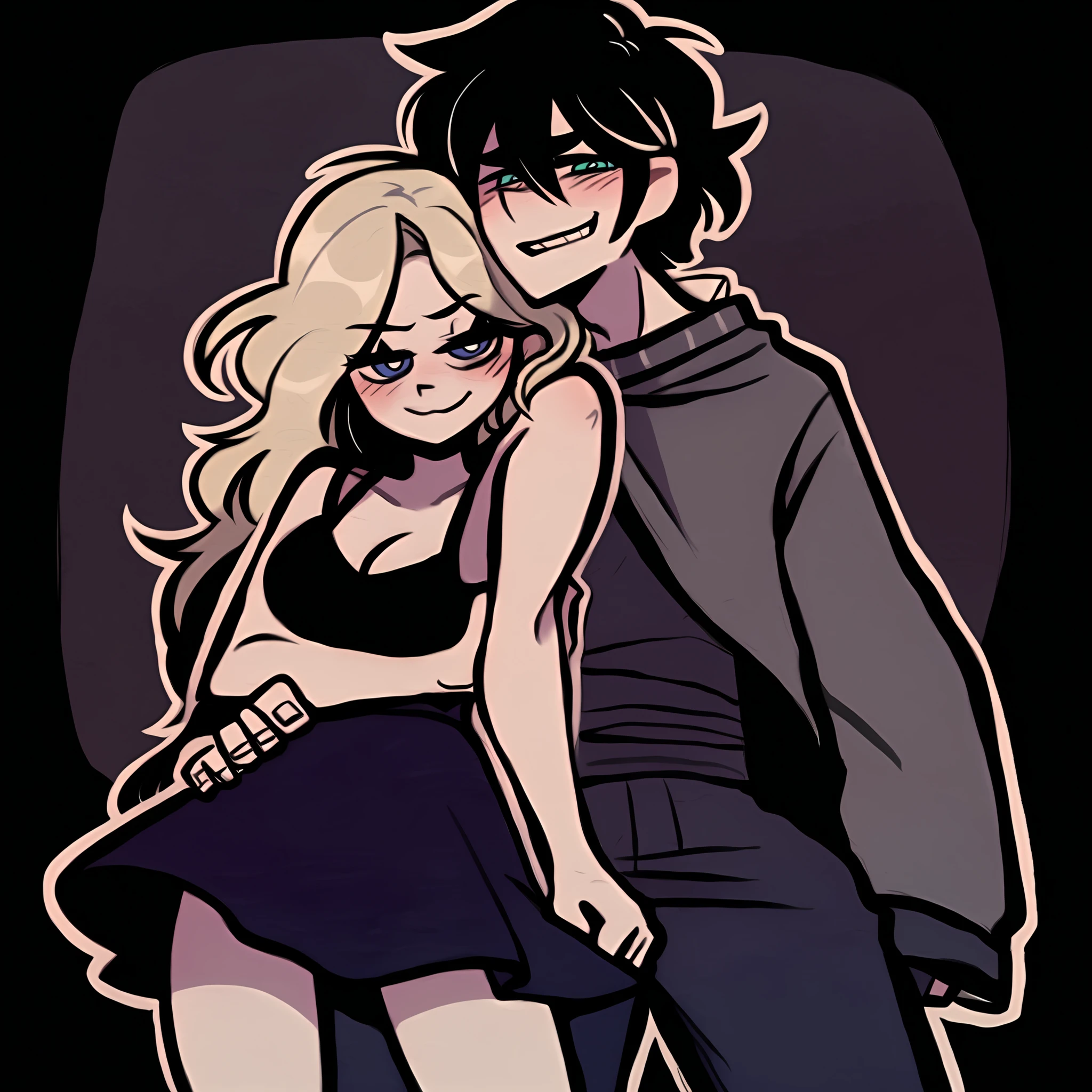 score_9,score_8,score_7,source_general,
by nemlei,the coffin of andy and leyley,1girl,1boy, Andrew Graves,arm around waist, arm around shoulder,looking at viewer,down perspective,on a bedplayful silly smirk,blonde long hair, blue eyes,messylong hairstyle,middle part hair,skirt riding up showing off thighs,cleavage,tits practically spilling out of the pink tanktop,blush,uncensored