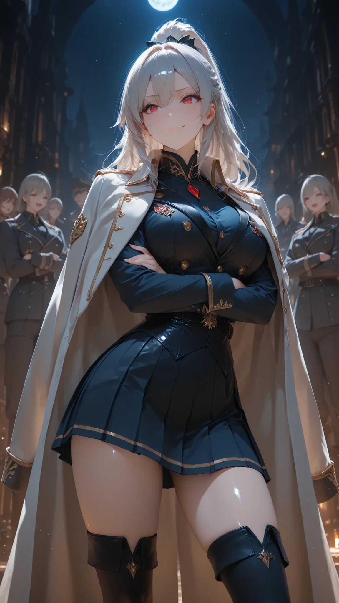 masterpiece,Highest Quality,1 girl,high ponytail,gray hair,red eyes,Line of sight,laugh gently,shiny skin,contrapposto,standing with arms crossed,Black military uniform,Napoleon Jacket,standing collar ,black design shirt,pleated skirt,Waist-length cloak,Long Knee High Socks,sexy face,blue night background with moon visible