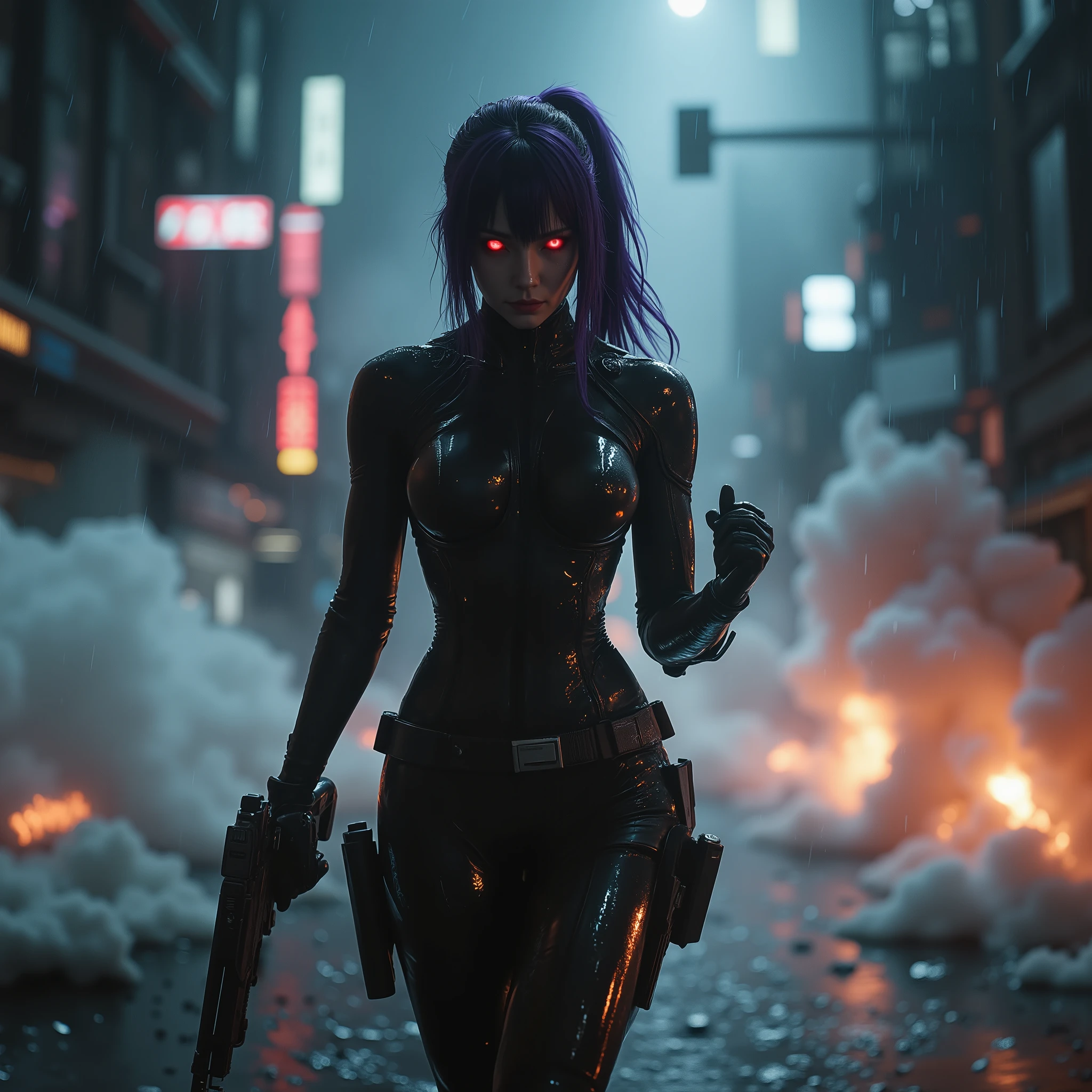 female android assassin,  Midnight ,Cyberpunk City with Violent Explosions and White Smoke,Ready to fight、Look at me a little while running, (Highest Quality,4K,8k,high resolution,masterpiece:1.2),super detailed,(Realistic,photoRealistic,photo-Realistic:1.37),dramatic lighting, gloomy atmosphere, Dramatic Poses, machine gun in both hands、He has an assault rifle on his back, extremely tight matte black cyberpunk suit, grenade and radio equipment on the waist belt,Gloved hands, Dark City, Cyberpunk Cityscapes, Moonlit Sky, rain, Dramatic Shadow,beautiful style,Thin Waist,I have long dark purple hair tied together at the back,special mission specialist,sense of urgency,Beautiful red glowing eyes,Professional,Motoko Kusanagi,