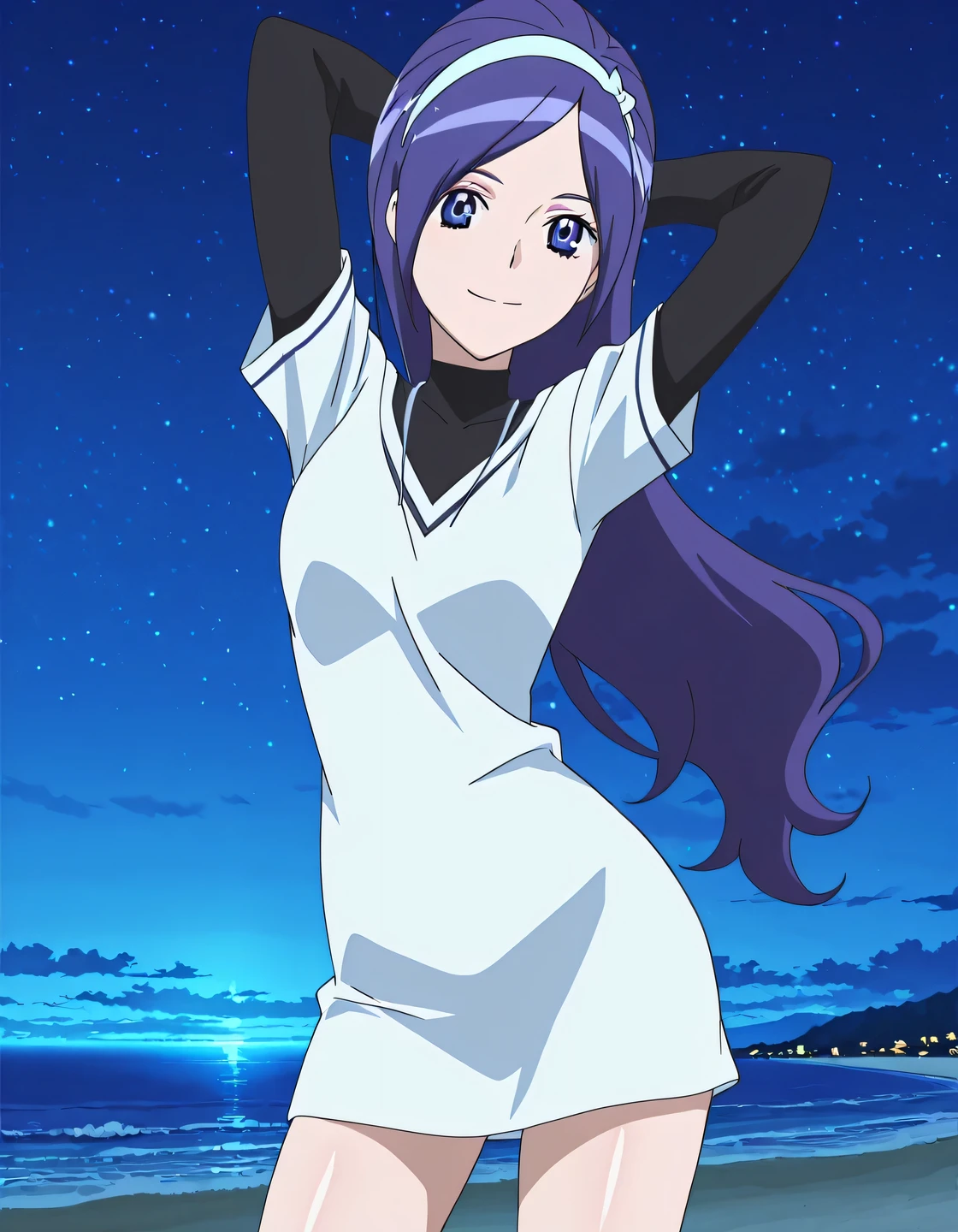 Miki, dark blue hair, long_hair, hairband, light blue band, blue_eyes, smal_breasts, black shirt, turtleneck, long sleeves, white t-shirt, short sleeves, t-shirt dress, anime screencap, high quality, solo, shiny skin, night sky, beach, arms behind head, (contrapposto), closed mouth, smile, cowboy shot, looking at viewer, best quality