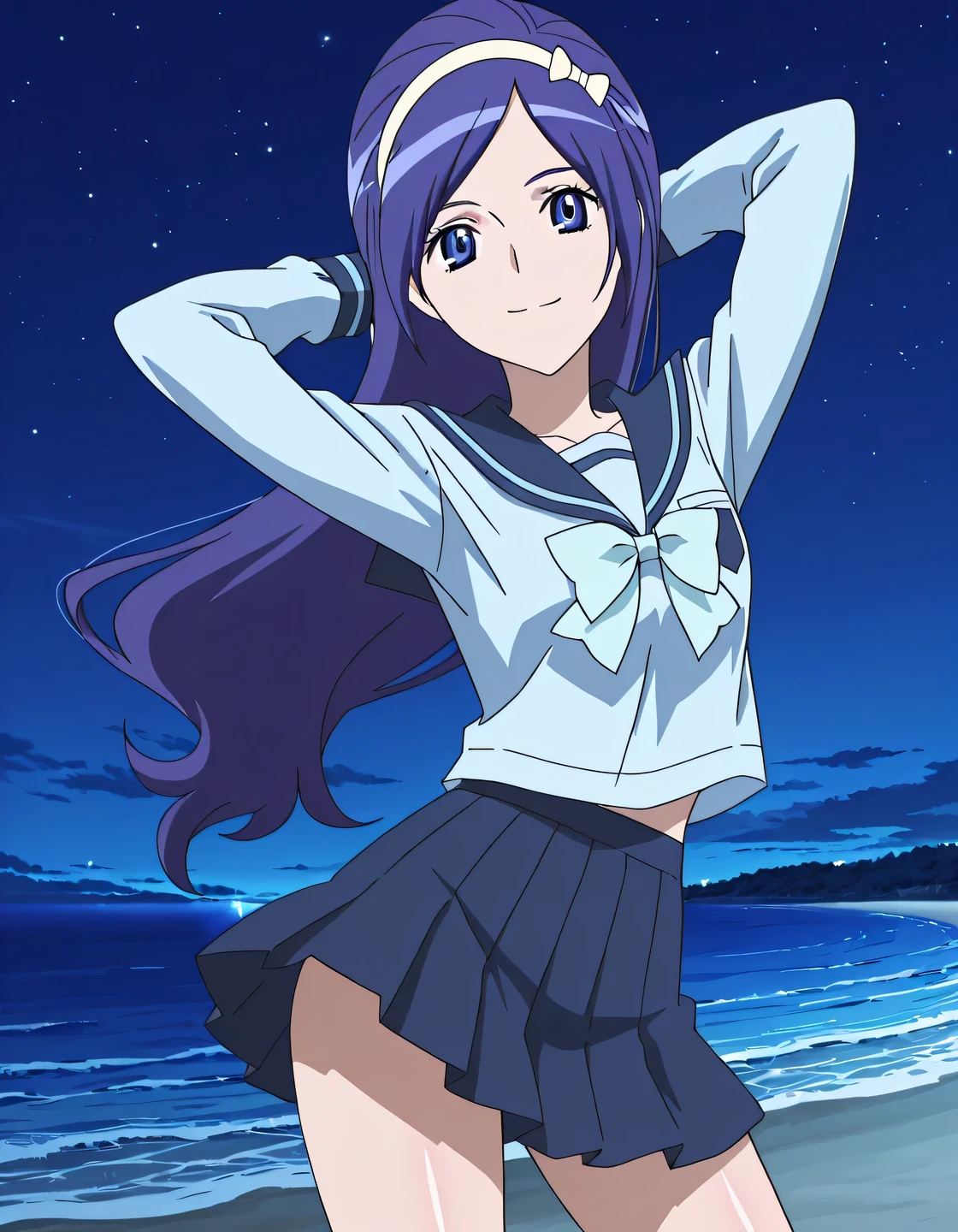 Miki, dark blue hair, long_hair, hairband, light blue band, blue_eyes, small_breasts, school uniform, blue shirt, serafuku, long sleeves, bowtie, anime screencap, high quality, solo, shiny skin, night sky, beach, arms behind head, (contrapposto), closed mouth, smile, cowboy shot, looking at viewer, best quality