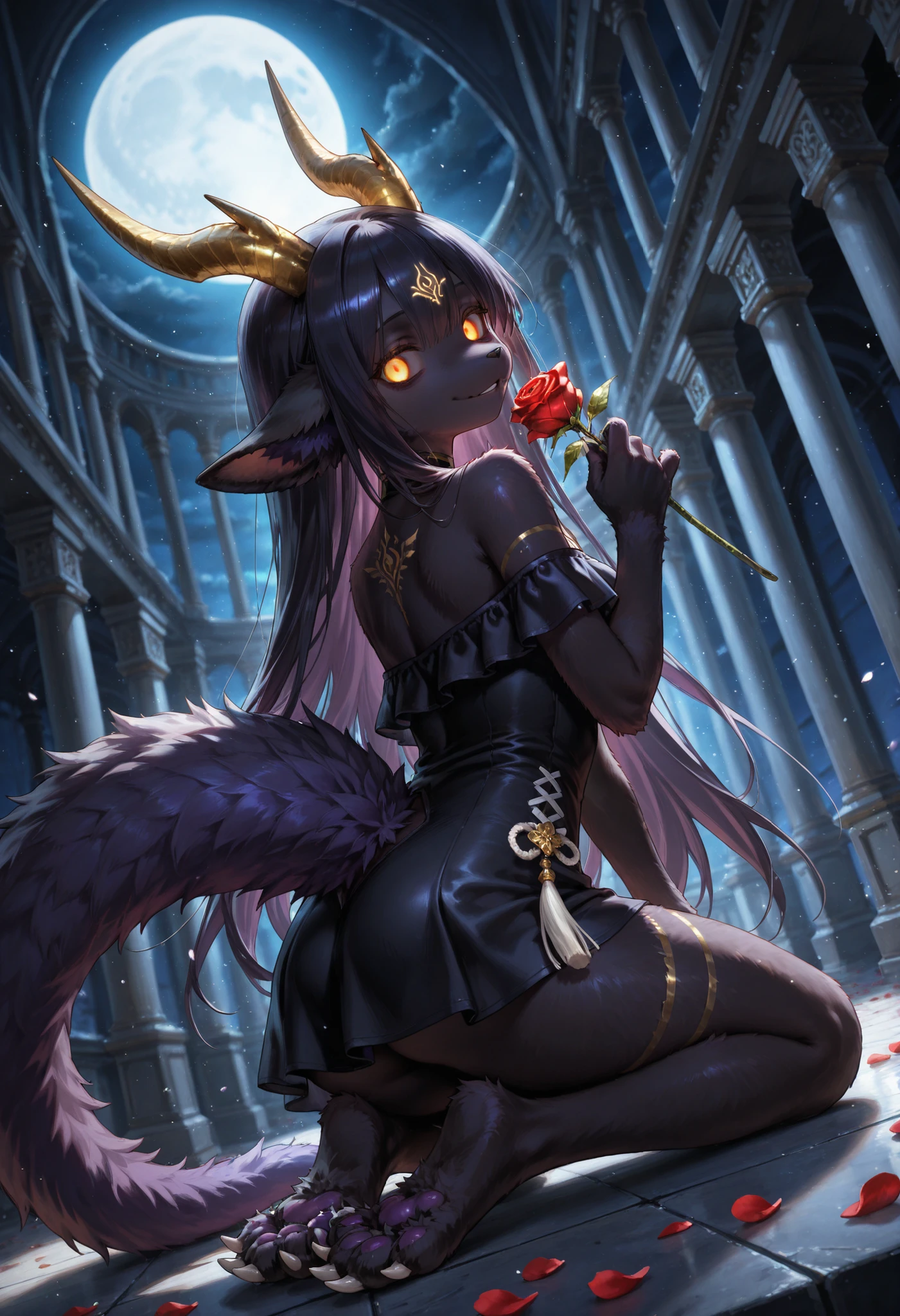 alone, score_9,score_8_up,score_7_up, anthro, female, Eothos, looking at viewer, fluffy fur, furred dragon, golden mark on forehead, front half of body black with golden stripes, black long black ears, long straight golden horns, golden glowing eyes without pupils, two purple stripes under eyes, golden eyebrows, long white claws on paws, long purple tail with white stripes, white tassel at end of tail,seductive, fluffy, fluffy fur, iholding rose-engraved karambit, assassination knife hidden in one's hand , red glowing eyes , Sleeveless Off-Shoulder Black Sexy Mini Dress , Ice Smile , parted lips , dynamic sexy pose , from behind , petals , Nobleman's mansion, social gathering , 748cmstyle , Moonlight , BREAK , ( ambient occlusion:0.9 ) , masterpiece , best quality , ultra-detailed , high resolution , extremely detailed CG , unity 8k wallpaper , super detailed skin , perfect , detailed beautiful face , detailed beautiful eyes , highres , chiaroscuro , highly detailed background , elaborately designed clothes , dramatic lighting , dramatic angle , light particles , ARW ,
