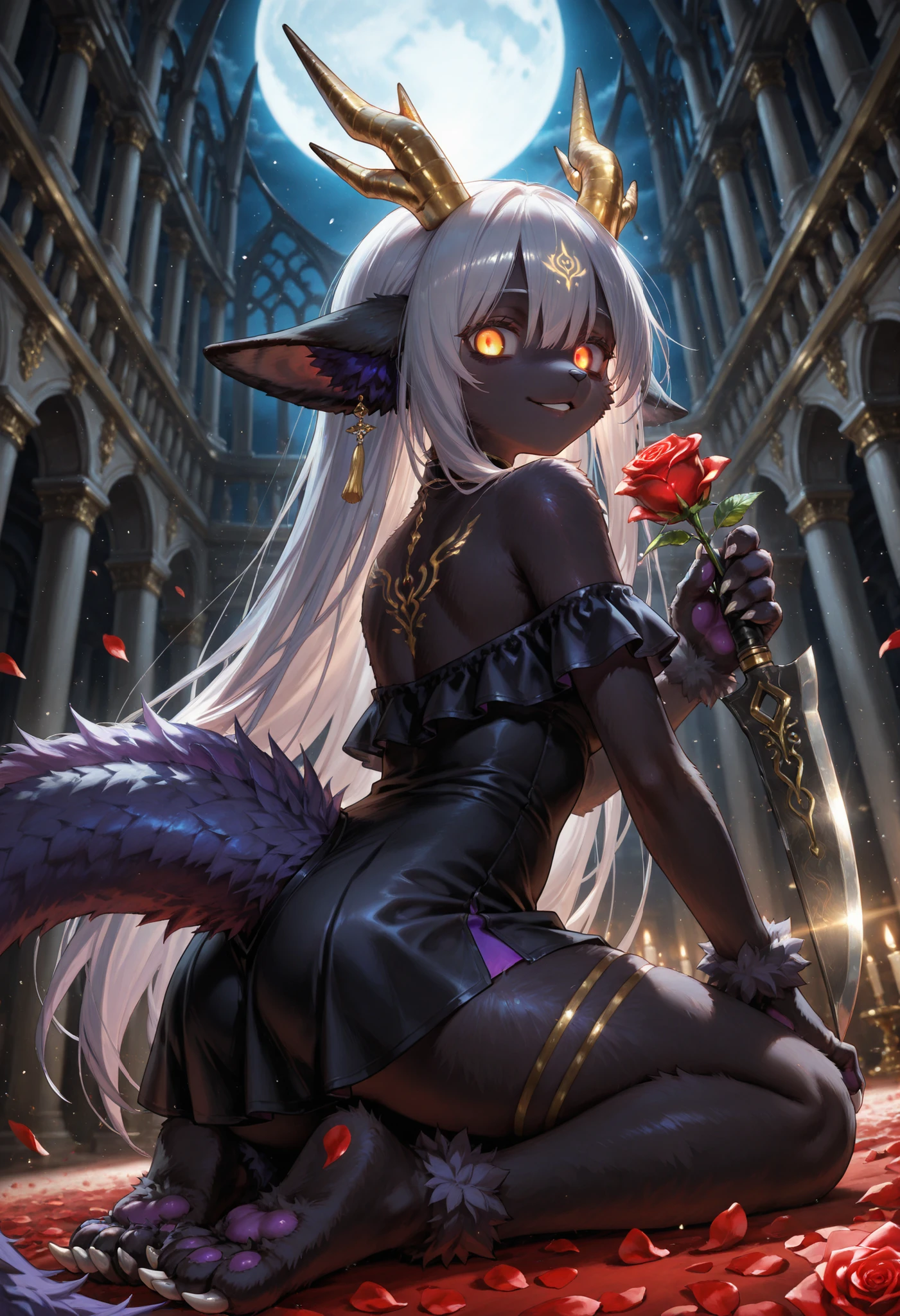 alone, score_9,score_8_up,score_7_up, anthro, female, Eothos, looking at viewer, fluffy fur, furred dragon, golden mark on forehead, front half of body black with golden stripes, black long black ears, long straight golden horns, golden glowing eyes without pupils, two purple stripes under eyes, golden eyebrows, long white claws on paws, long purple tail with white stripes, white tassel at end of tail,seductive, fluffy, fluffy fur, iholding rose-engraved karambit, assassination knife hidden in one's hand , red glowing eyes , Sleeveless Off-Shoulder Black Sexy Mini Dress , Ice Smile , parted lips , dynamic sexy pose , from behind , petals , Nobleman's mansion, social gathering , 748cmstyle , Moonlight , BREAK , ( ambient occlusion:0.9 ) , masterpiece , best quality , ultra-detailed , high resolution , extremely detailed CG , unity 8k wallpaper , super detailed skin , perfect , detailed beautiful face , detailed beautiful eyes , highres , chiaroscuro , highly detailed background , elaborately designed clothes , dramatic lighting , dramatic angle , light particles , ARW ,