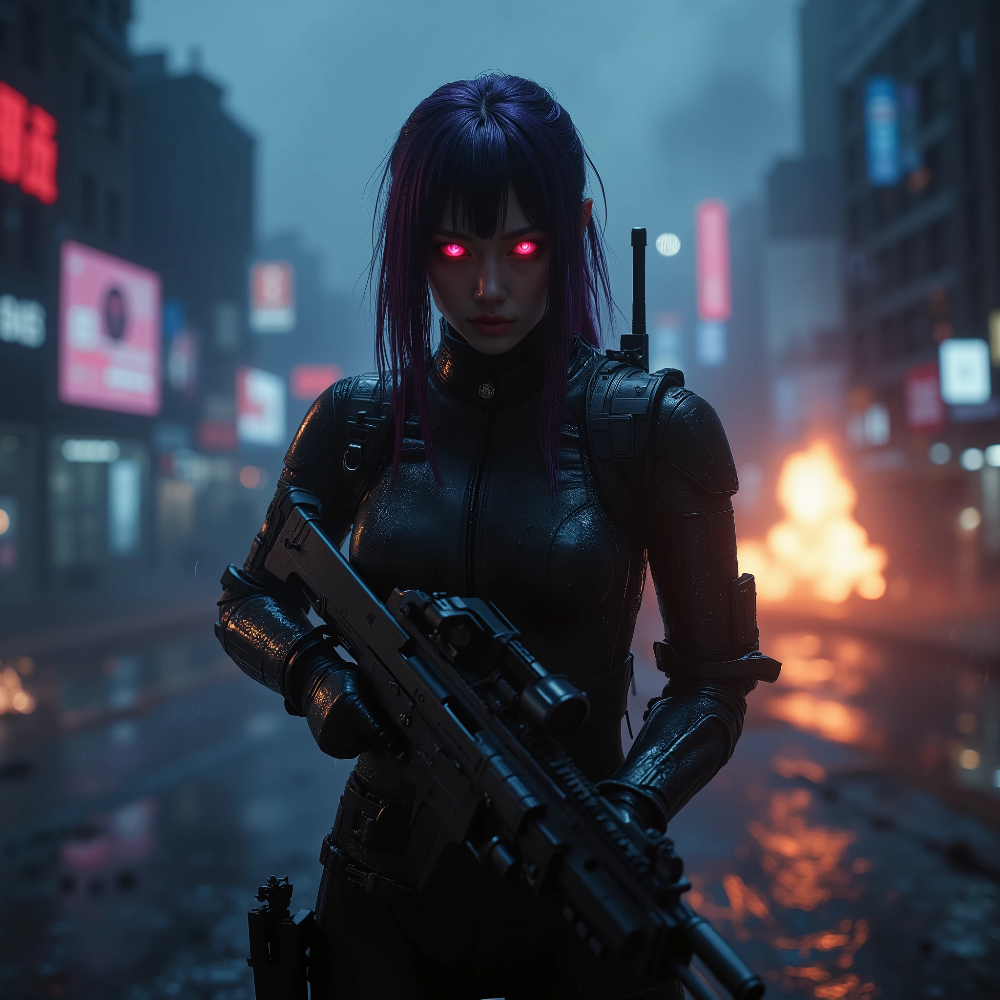 female android assassin, Midnight ,Cyberpunk City with Violent Explosions and White Smoke,Ready to fight、Walk over here, (Highest Quality,4K,8k,high resolution,masterpiece:1.2),super detailed,(Realistic,photoRealistic,photo-Realistic:1.37),dramatic lighting, gloomy atmosphere, Dramatic Poses, machine gun in both hands、He has an assault rifle on his back, extremely tight matte black cyberpunk suit, grenade and radio equipment on the waist belt,Gloved hands, Dark City, Cyberpunk Cityscapes, Moonlit Sky, rain, Dramatic Shadow,beautiful style,Thin Waist,I have long dark purple hair tied together at the back,special mission specialist,sense of urgency,Beautiful red glowing eyes,Professional,Motoko Kusanagi,