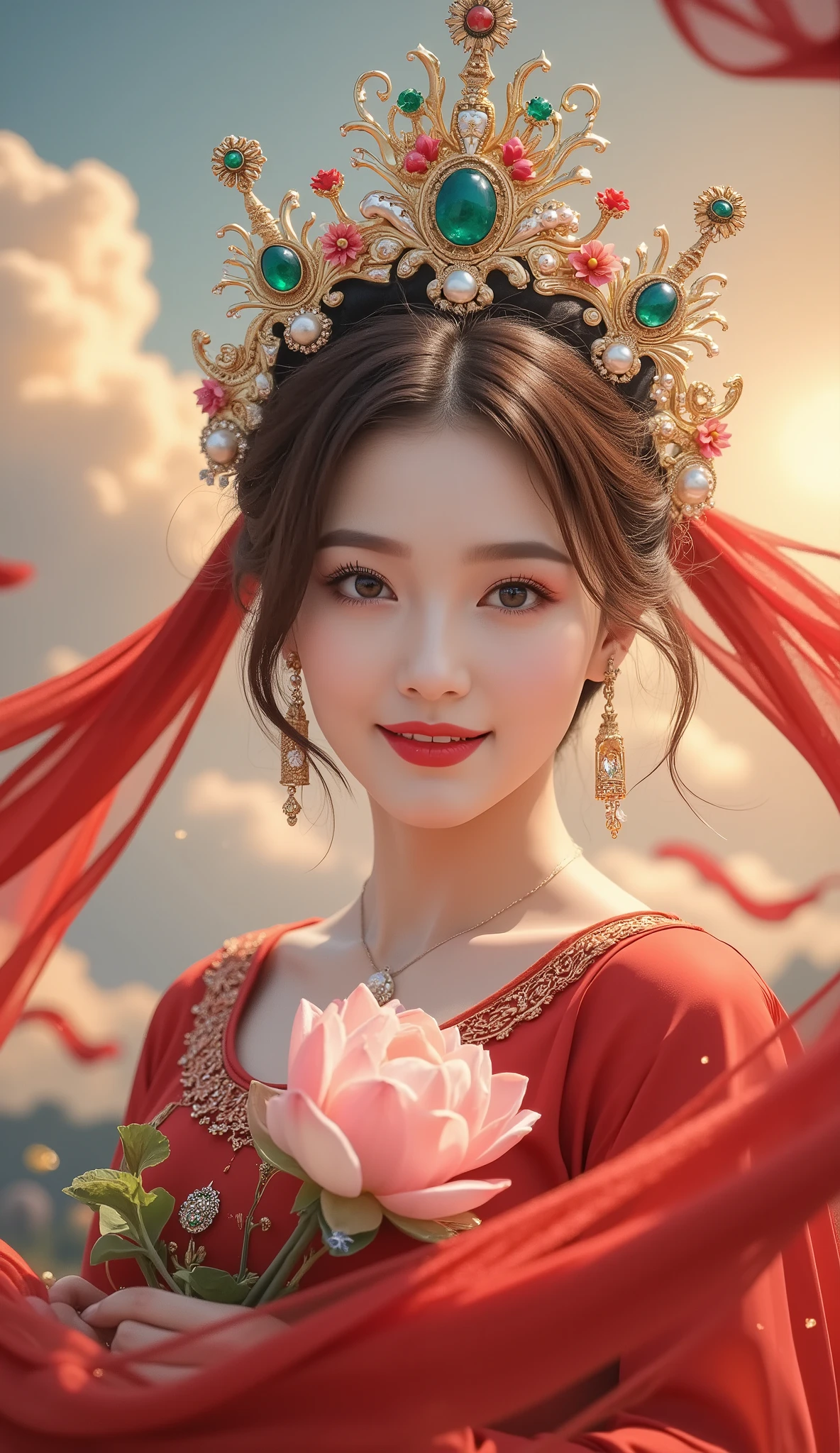 Flying，flowing red silk， A beautiful goddess with a golden cloud and sky background,Portrait of a very beautiful girl，Statue of Tara Bodhisattva ， red eyeshadow， red face ，Red lips，，front， skin details ，Fine hair。Crown(Dot emerald +Cloisonne+ filigree enamel+flower+pearl+tassel)， upper body , Handheld lotus flower .  fair skin ,  is surrounded by clouds， with a golden halo on her face .(((Red Silk Streamer )))
golden fantasy 。Glowing particles。