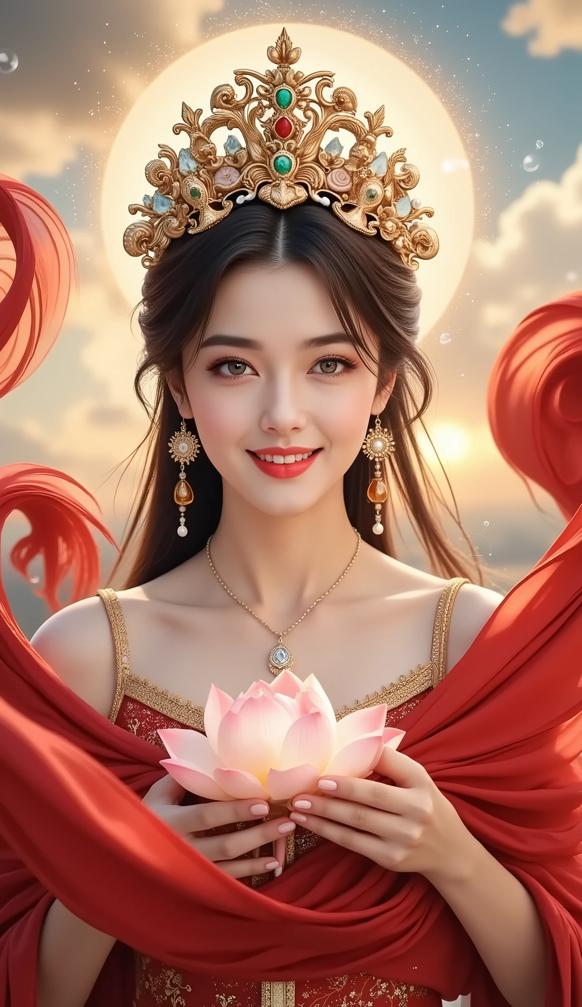 Flying,flowing red silk, A beautiful goddess with a golden cloud and sky background,Portrait of a very beautiful girl,Statue of Tara Bodhisattva , red eyeshadow, red face ,Red lips,,front, skin details ,Fine hair。Crown(Dot emerald +Cloisonne+ filigree enamel+flower+pearl+tassel), upper body , Handheld lotus flower . fair skin , is surrounded by clouds, with a golden halo on her face .(((Red Silk Streamer )))
golden fantasy 。Glowing particles。