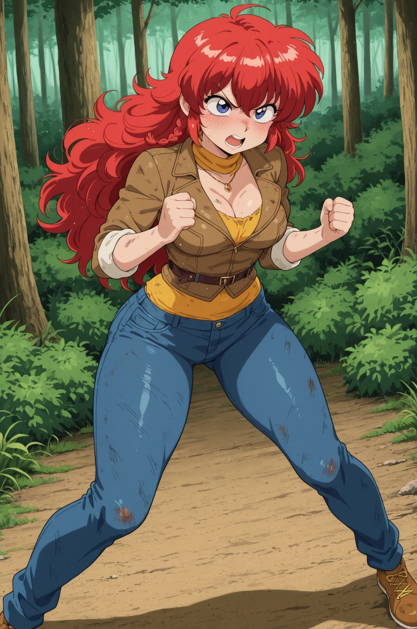 Ranma Saotome. red hair. blue eyes. braid. small breasts. wide hips. necklace. black eyeliner. pink manicure. | masterpiece, anime coloring, newest, Yang Xiao Long, Main Outfit, solo, open mouth, tree, nature, clenched hands, forest, fighting pose, full body, dirty, angry, blush, soft particles? jeans, jacket, shirt