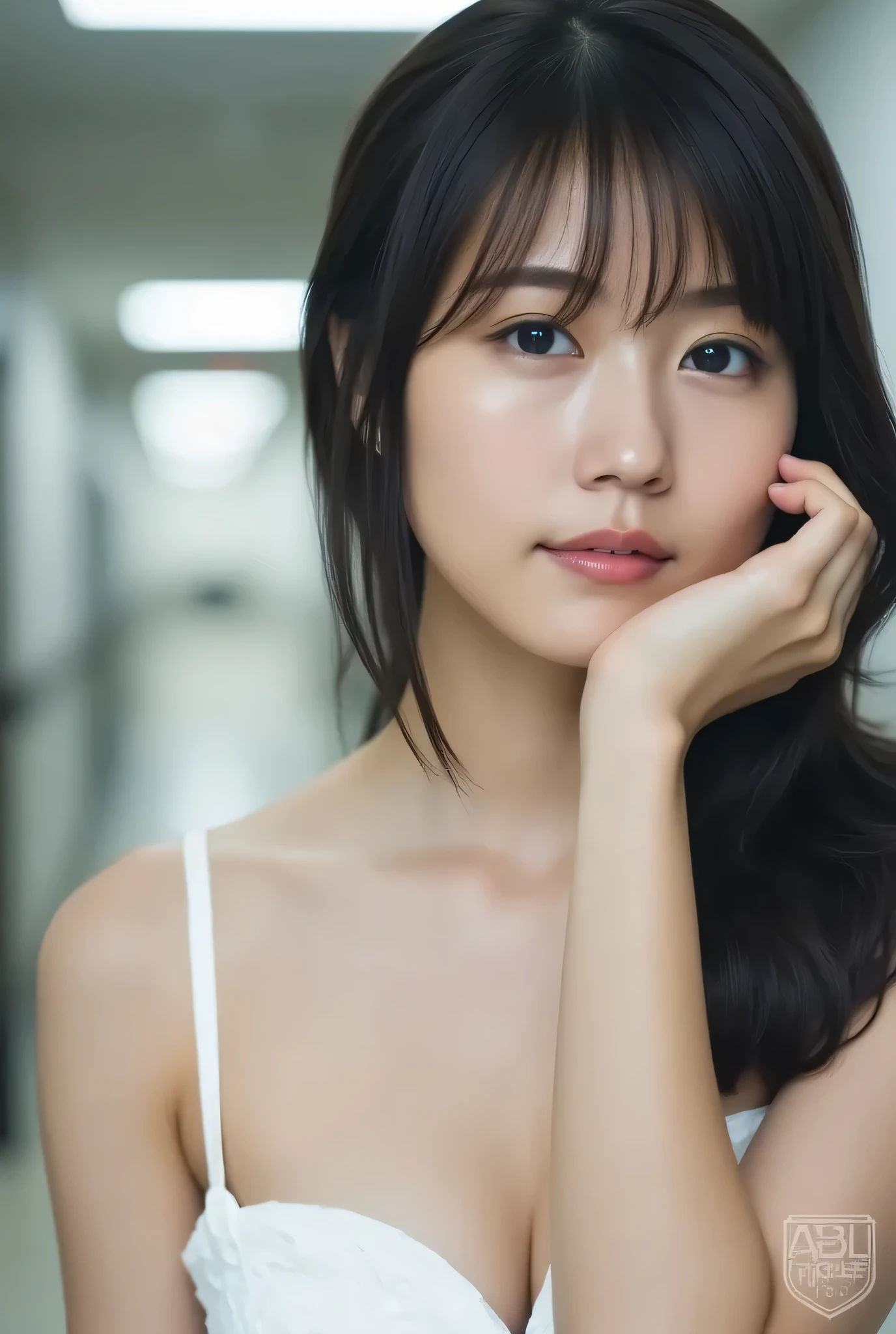 face close-up, high resolution portrait of a Japanese woman, photorealistic, masterpiece, Great Quality, complicated details at AKB theaters, professional lighting, simple background, shot from the front, is facing forward, upper body, Watch Viewers, standing, in light brown, She emphasizes her chest, black hair, Medium Bust, white lingerie、shortcut in the hallway of the school building,(((hair with your left eye:1.3)))、arm,