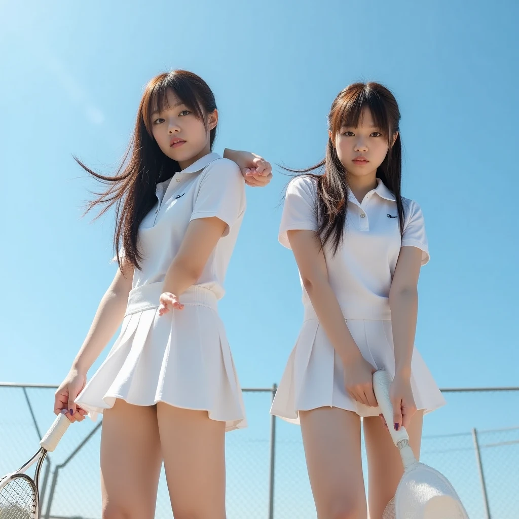 （Tennis Wear、Micro Mini Skirt、Sleeveless、Ass、Black Hair、Big Ass、Outdoor tennis court、White high leg panties、thong）、Extremely sexy、smile、Professional Lighting、Small waist、Beautiful adult woman、Captivating thighs、Very large breasts、Cleavage、Are standing