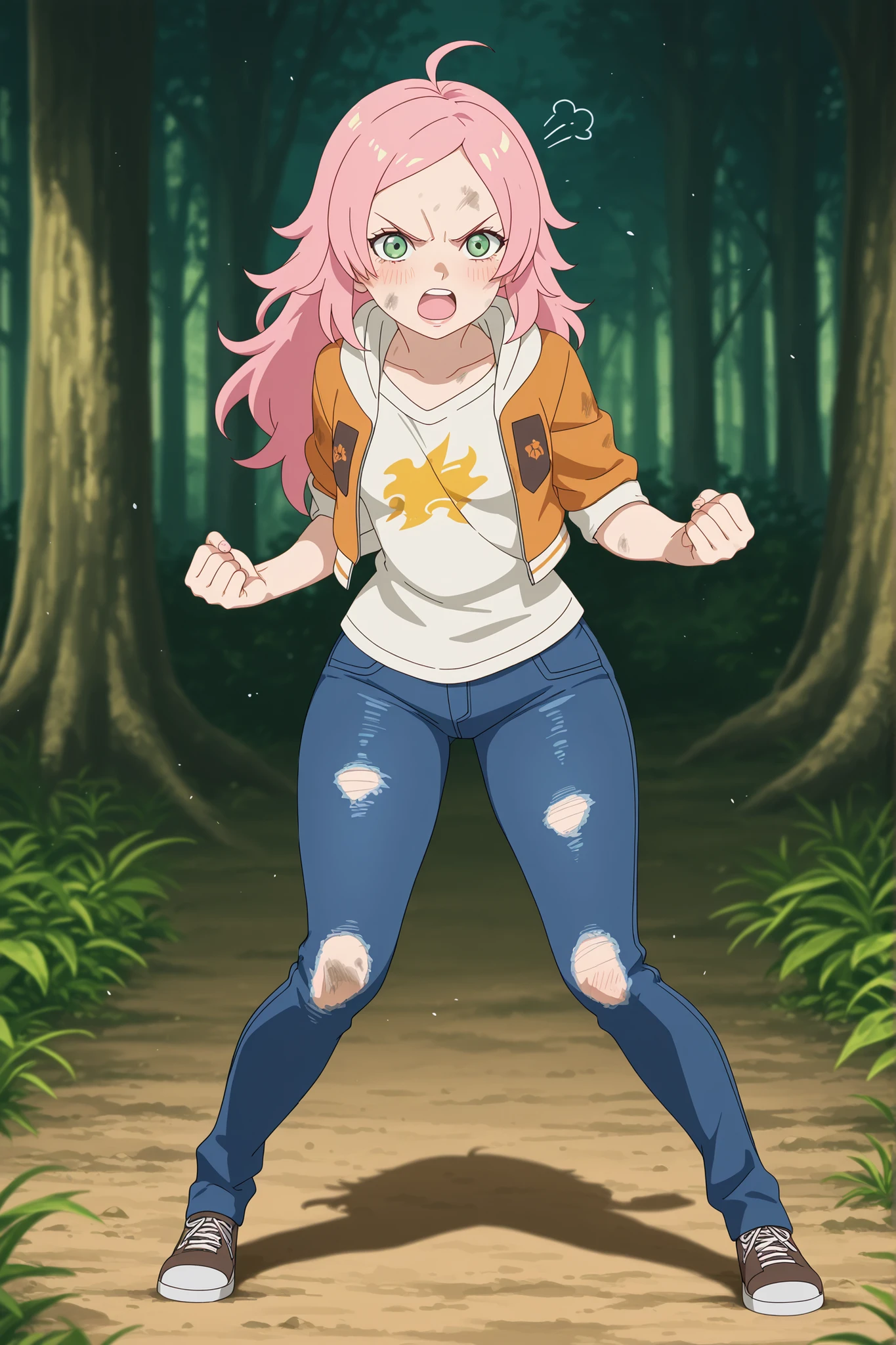Sakura Haruno. small , huge , pink hair, medium hair, light green eyes, thin lips, very fair skin, big forehead. | masterpiece, anime coloring, newest, Yang Xiao Long, Main Outfit, solo, open mouth, tree, nature, clenched hands, forest, fighting pose, full body, , angry, blush, soft particles? jeans, jacket, shirt