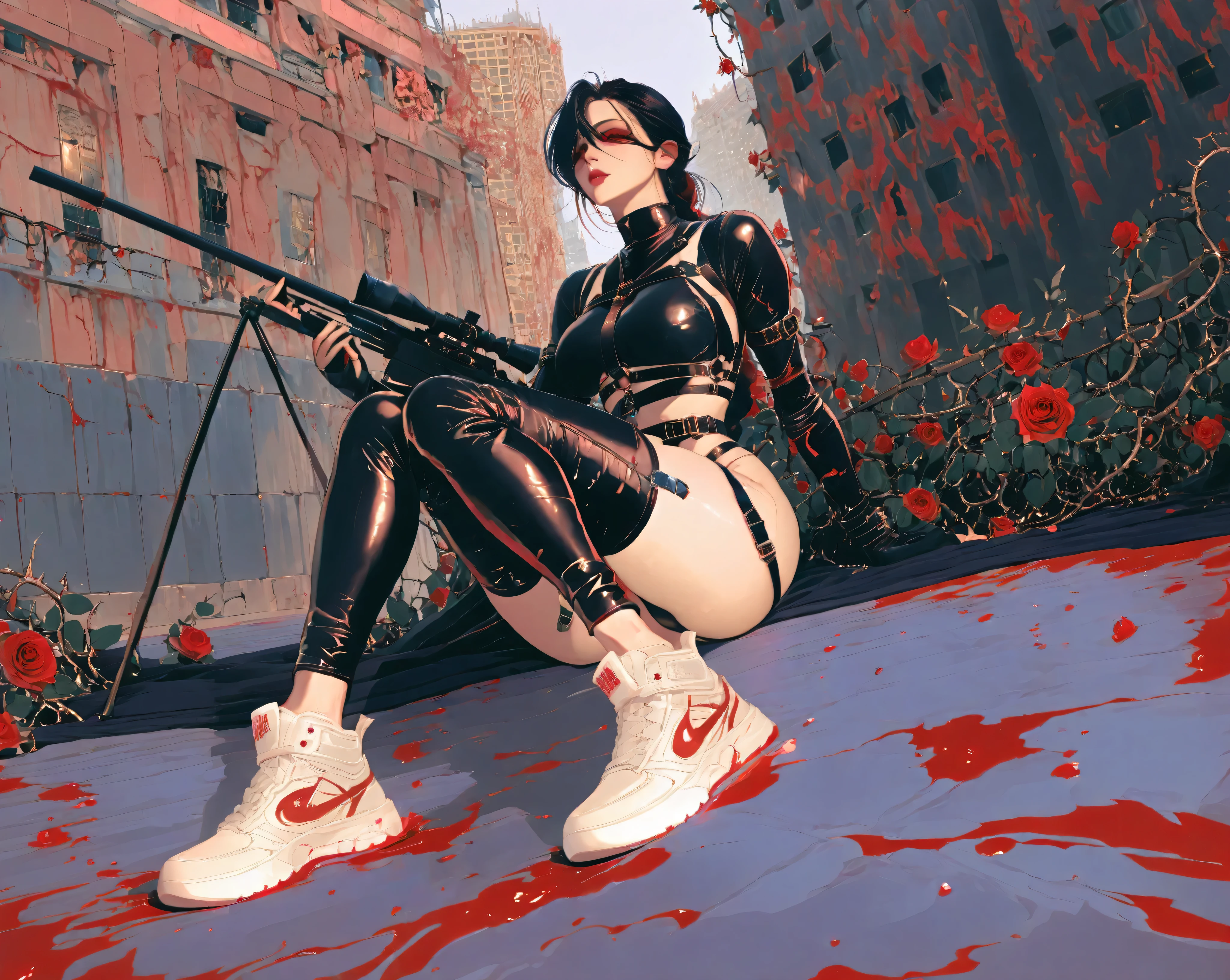 Sexy Assassin, Covered in roses, thorns, and blood. shes wearing leather style clothing. harness. and white sneakers. shes holding a sniper style gun. hiding on the roof of a building