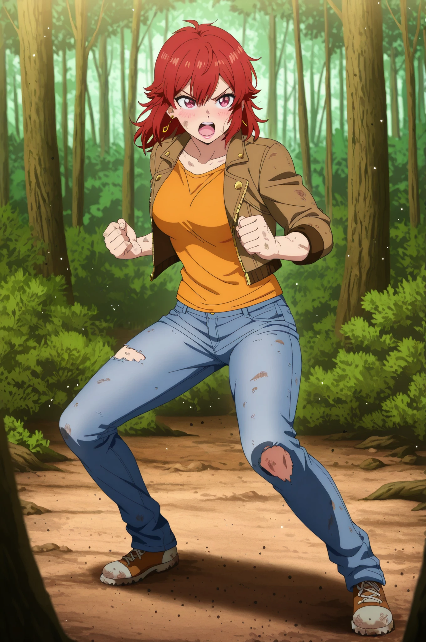 Tomo Aizawa , medium hair, red hair, medium breasts, earrings, pink lips , fire red eyes, muscle body, |  masterpiece, anime coloring, newest, Yang Xiao Long, Main Outfit, solo, open mouth, tree, nature, clenched hands, forest, fighting pose, full body, dirty, angry, blush, soft particles? jeans, jacket, shirt
