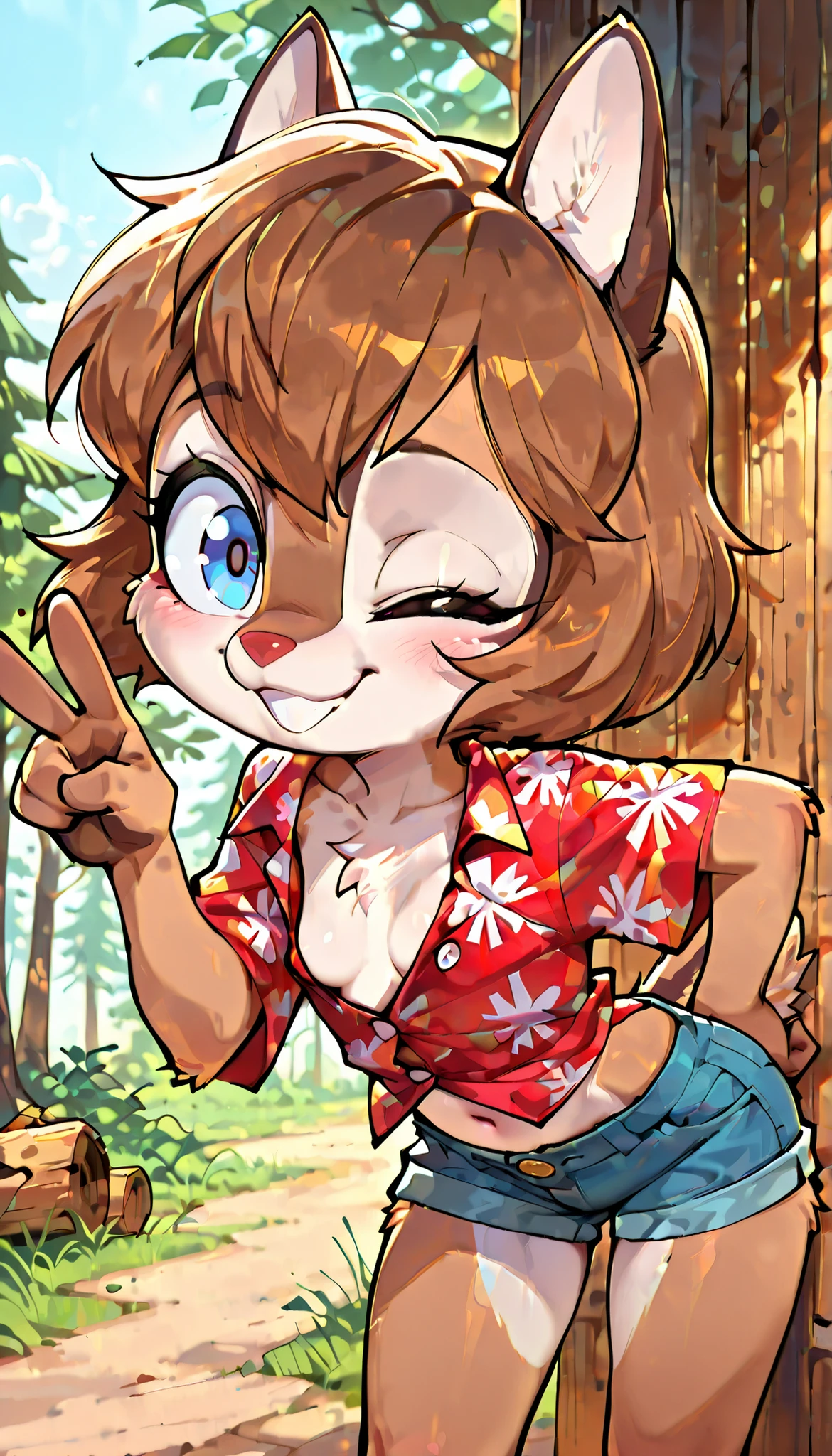 score_9, score_8_up, score_7_up, score_6_up,, hi_res, furry_source, absurdres, masterpiece, best quality, amazing quality, Chip'n Dale Rescue Rangers, 1girl, solo, alone, Femdale, furry, anthro, chipmunk girl, brown fur, blue eyes, chipmunk tail, red nose, brown hair, short hair, bangs, short body, short stature, ((red hawaiian shirt, claveage, one button fastened, denim shorts)), small breasts, navel, (very skinny:1.0), (Small, Short:1.1), (young cub:1.2), uperbody, spread buckteeth, tree cabin on background, adorable pose, standing, wink, one eye closed, v, peace sign with one hand, leaning forward,