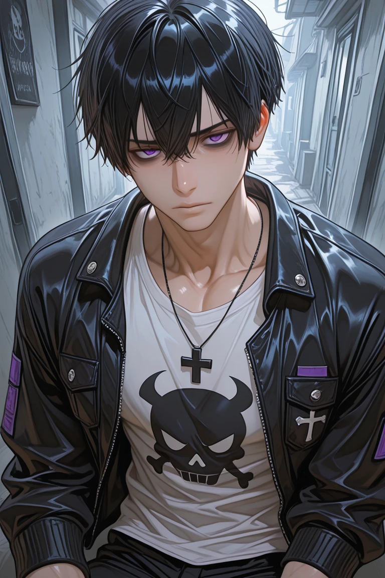 male with bones, looking away from camera, skulls, bones, handsome, black, dark skin, tall, broad shoulders, black hair, purple, purple fire, magic, detailed face, fantasy, hoodie
