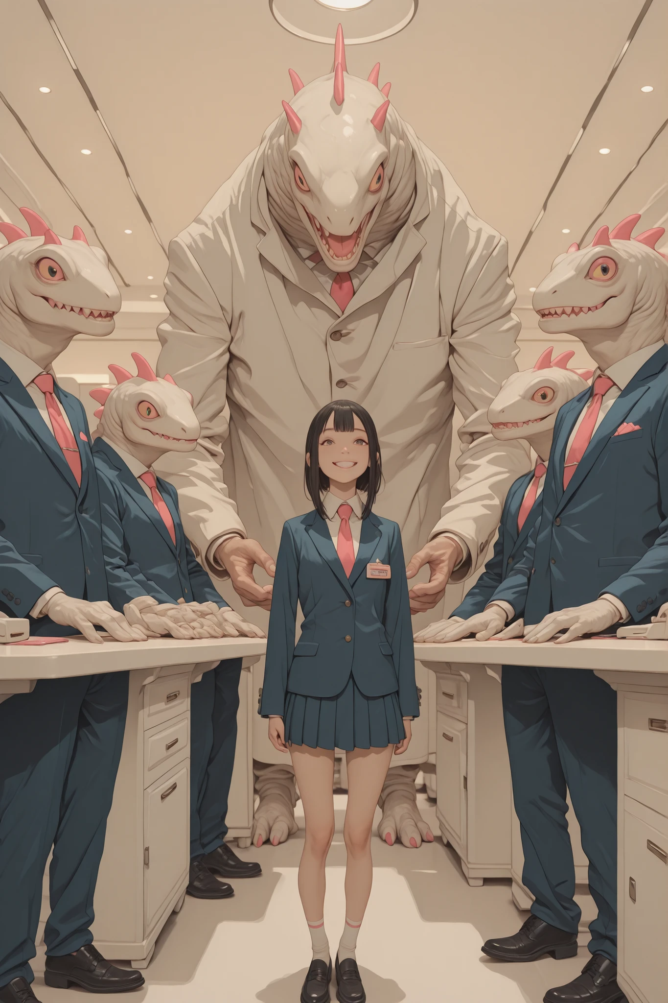 monster size hotel cloak、A female hotel man who handles it with a narrow reception desk、 Her skin is very white 、pretty short shortcuts、petite body、navy suit miniskirt that looks like a hotel man looks great in the aisle in the back where she stands、adorable smile、Her customer service is popular with monsters、Ergonomically unmistakable、Hotel's very bright lighting、Clean and stately walls、A monster size々A big coat is hanging、High ceilings、Precise Detailed Description、Lighting like a stage 、high contrast、8K Details、