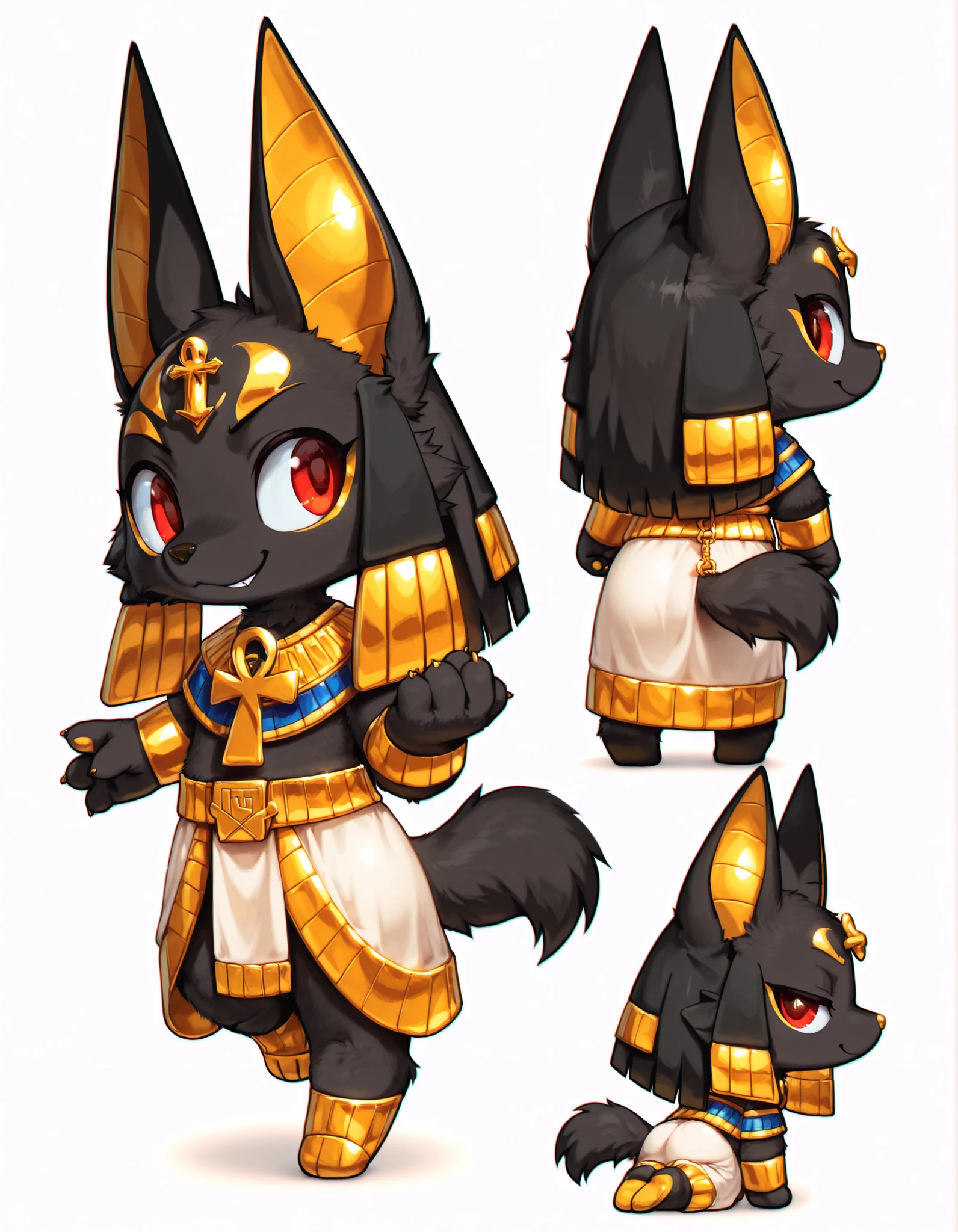chromatic aberration, depth of field, Anubis, wolf furry, boys only, with tall upright ears, very small red pupils, huge eyes, golden nose, golden eyebrows, ancient Egyptian style short robe, golden stripes and blue trims, wearing a large golden Ankh cross on the chest, furry only, chibi body, small body, short body, high-quality, anime style, vibrant colors, whimsical details, by Syuro, masterpiece, best quality, ultra-detailed, 4k resolution, smug, nice curve body, chibi boy, pure white background, legs up, cute, subtly, wink, smug, small butt, looking back, back view, scantily-clad clothes, smirk