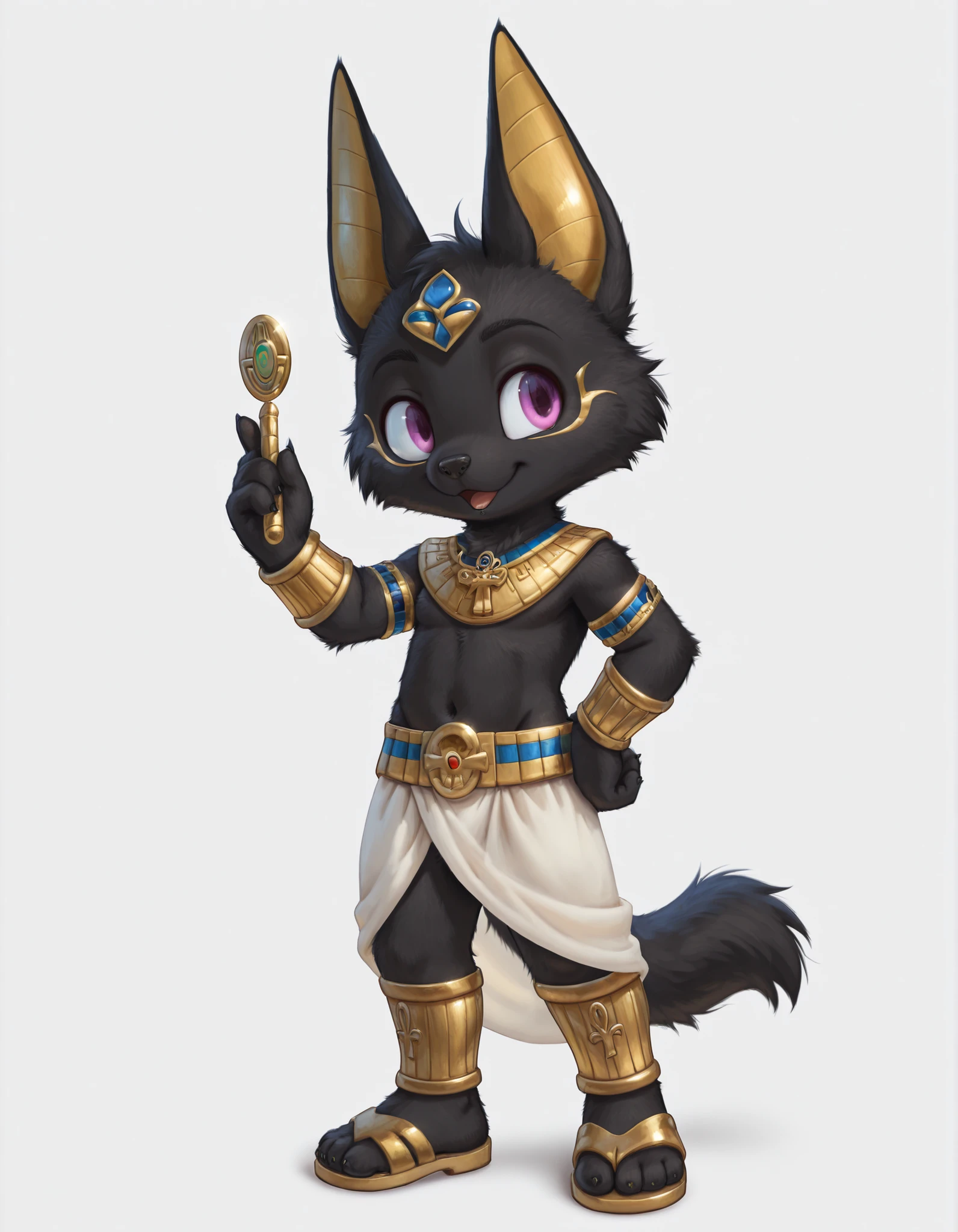 slvrfxstyleil,, Highest Quality, high resolution, Super Precise Depiction,Rub your crotch against the Shota body ,
1 boy, solo, Full body painting, Topless,
black furry jackal ears, Boyish Faces, Purplish Eyes,groin,
the short front hang of the white cloth (ancient egyptian style Shenti), fixed with a gold and blue decorative belt,
golden amulet on the neck (Ank pattern), gold decorative bands on arms and ankles,
black eyeliner style eyes,
small golden circles on the head,
Simple leather sandals,
simple background,
an innocent expression that is mysterious and majestic but leaves a sense of childhood,
Healthy Illustration
