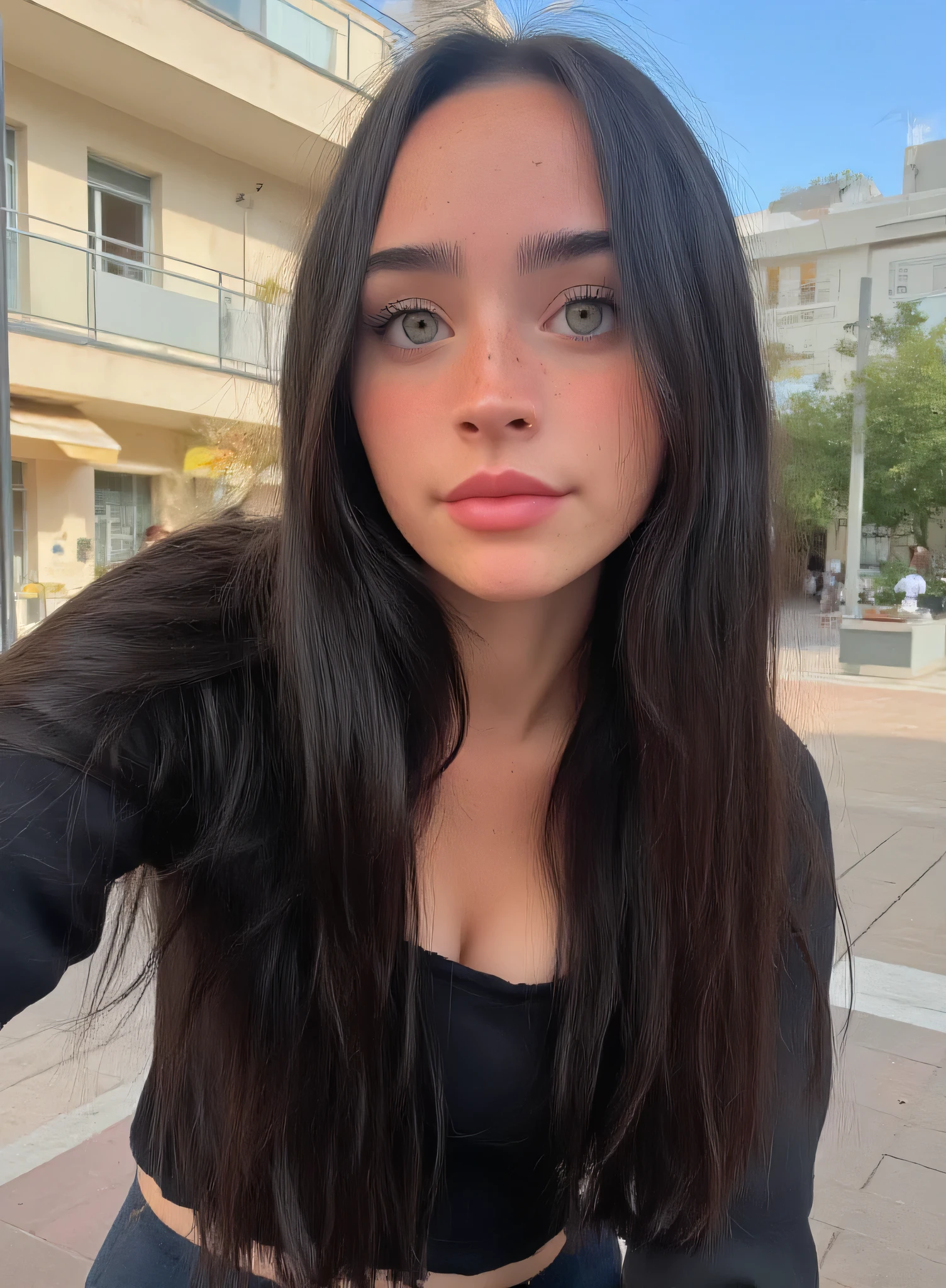 C3lfi 1girl, One, black ombre very long hair, long hair, dressed in a stylish black long-sleeved crop top, фото on the street, small lips smile, clarity Selfie photo, HD, Long black straight hair, messy long hair, sweet smile, sunny day, HD quality, on the street рядом с чистой стеной, on the street, full height photo, Gets up, wearing Black glasses, Selfie photo, Black glasses