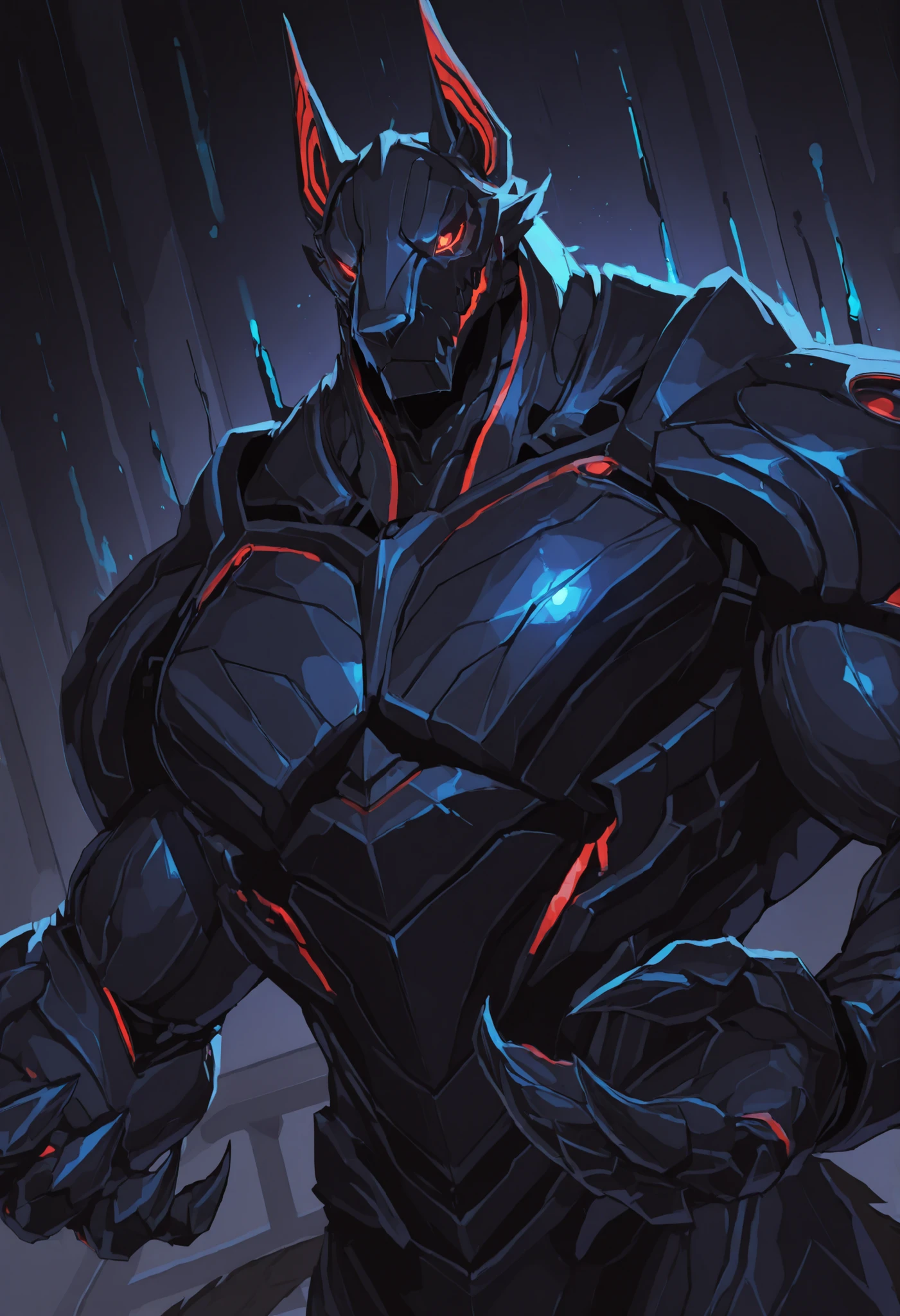 score_9, score_8_up, score_7_up, score_6_up, score_5_up, score_4_up, gigerworld, anthro jackal, wearing black waistcoat over heavy armor, bulky, wide chest
cybrog, anthro, jackal, male, Muscle, Delicate face, Delicate eyes, 1 big tail, (glowing LED), rubber goo body, crimson glowing eyes, black steel scales, black and evil armor, futuristic fantasy evil armor, heavy armor, snout-cover armored mask, faceless head, balanced physique, muscle-shaped armor, war machine, muscular physique, thick arms and legs, claws, warframe, cyborg, phyrexian
dnd, powerful pose, levitating, advanced and stylish design, dutch angle, portrait, upper body focus, detailed background, newest, extremely detailed CG unity 8k wallpaper, realistic, masterpiece, highest quality, masterpiece, highest quality, lens flare, unreal engine, trending on ArtStation, Intricate, High Detail, dramatic, beautiful and detailed lighting, shadows