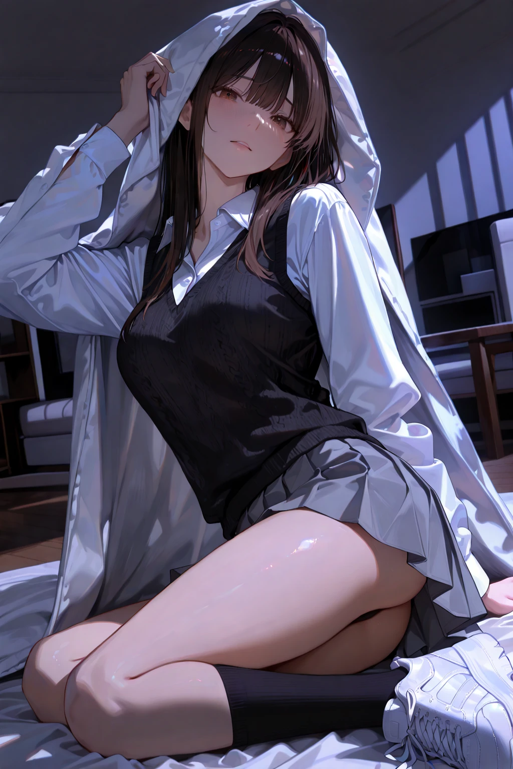 ((extreme detail)),(ultra-detailed), extremely detailed CG unity 8k wallpaper, best quality, wecl, 1girl,wet, collared shirt, see-through, bra visible through clothes,choker, kneeling, looking at viewer, hand on thigh, <lora:wet clothes:0.7>