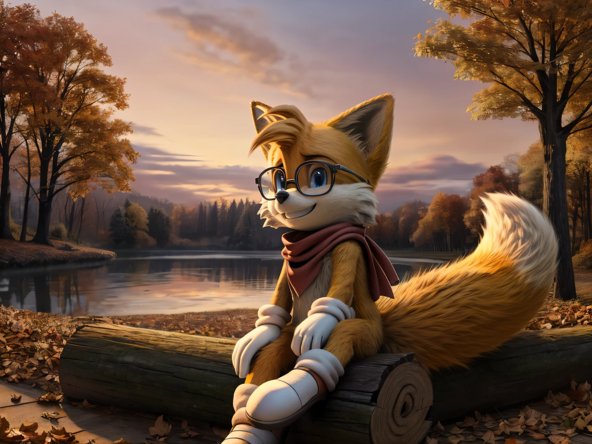SOLO, Miles prower tails wearing a scarf and having a latte, 30 years old body, with two fluffy fox tails, yellow fur, detailed blue eyes, wearing small glasses, sitting on a log in middle of a wood, with autumn leaves, with a dawn sky ilumination, with a light smile