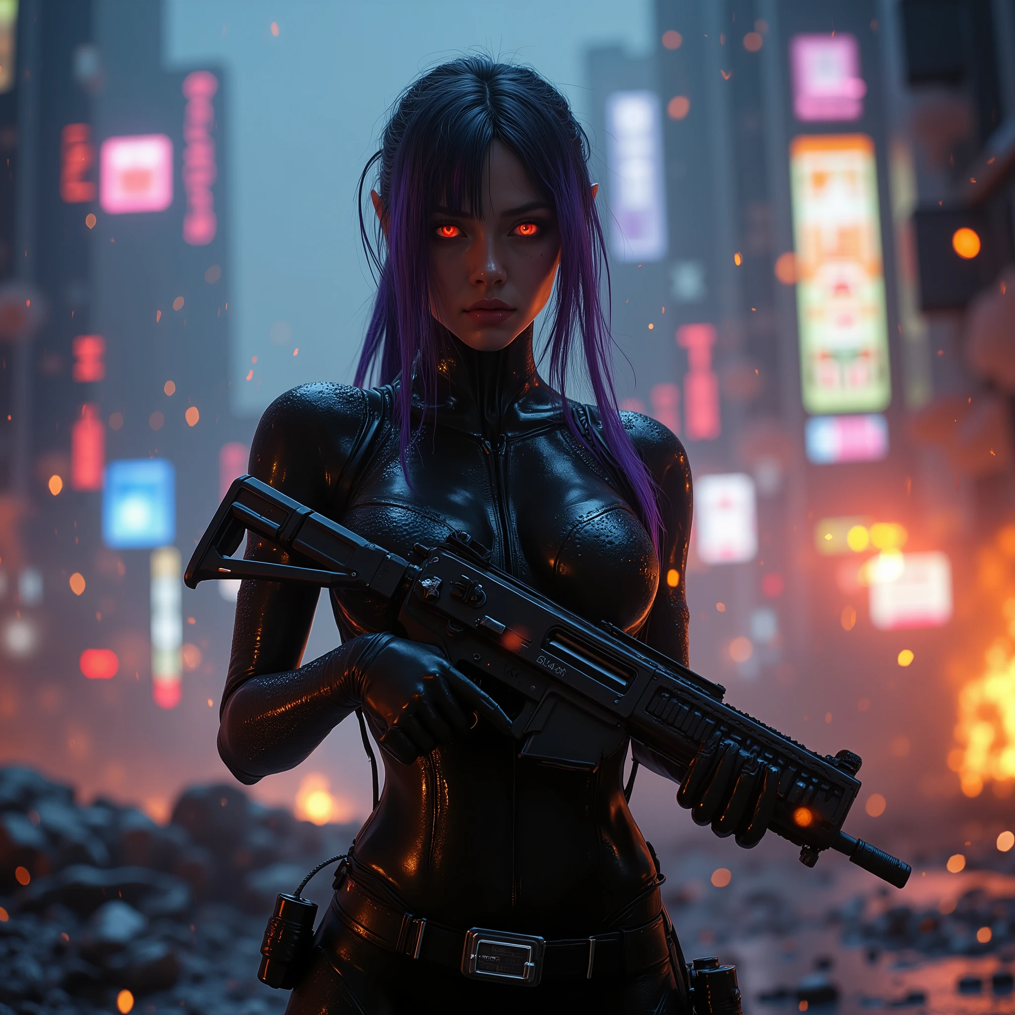female android assassin,  Midnight ,Cyberpunk City with Violent Explosions and White Smoke,In the midst of a fierce shootout with lots of bullets flying around, (Highest Quality,4K,8k,high resolution,masterpiece:1.2),super detailed,(Realistic,photoRealistic,photo-Realistic:1.37),dramatic lighting, gloomy atmosphere, Dramatic Poses, machine gun in both hands、He has an assault rifle on his back, extremely tight matte black cyberpunk suit, grenade and radio equipment on the waist belt,Gloved hands, Dark City, Cyberpunk Cityscapes, Moonlit Sky, rain, Dramatic Shadow,beautiful style,Thin Waist,I have long dark purple hair tied together at the back,special mission specialist,sense of urgency,Beautiful red glowing eyes,Professional,Motoko Kusanagi,