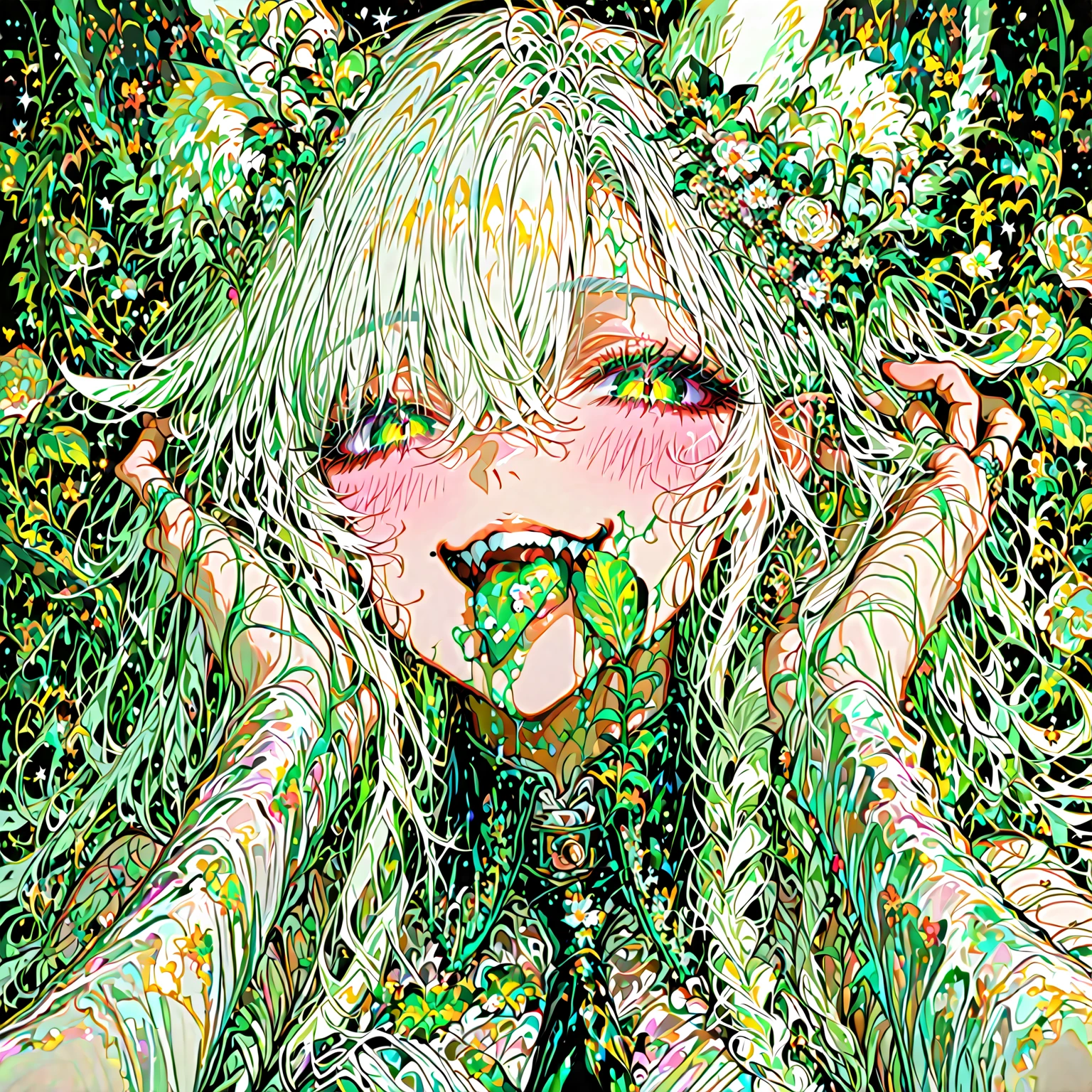 full body photo of a plant girl with an innocent and . She has plant parts coming out of her limbs and several flower petals around her.. has her green and pink outfit inspired by pyra from xenoblade chronicles 2, poison ivy and kobato